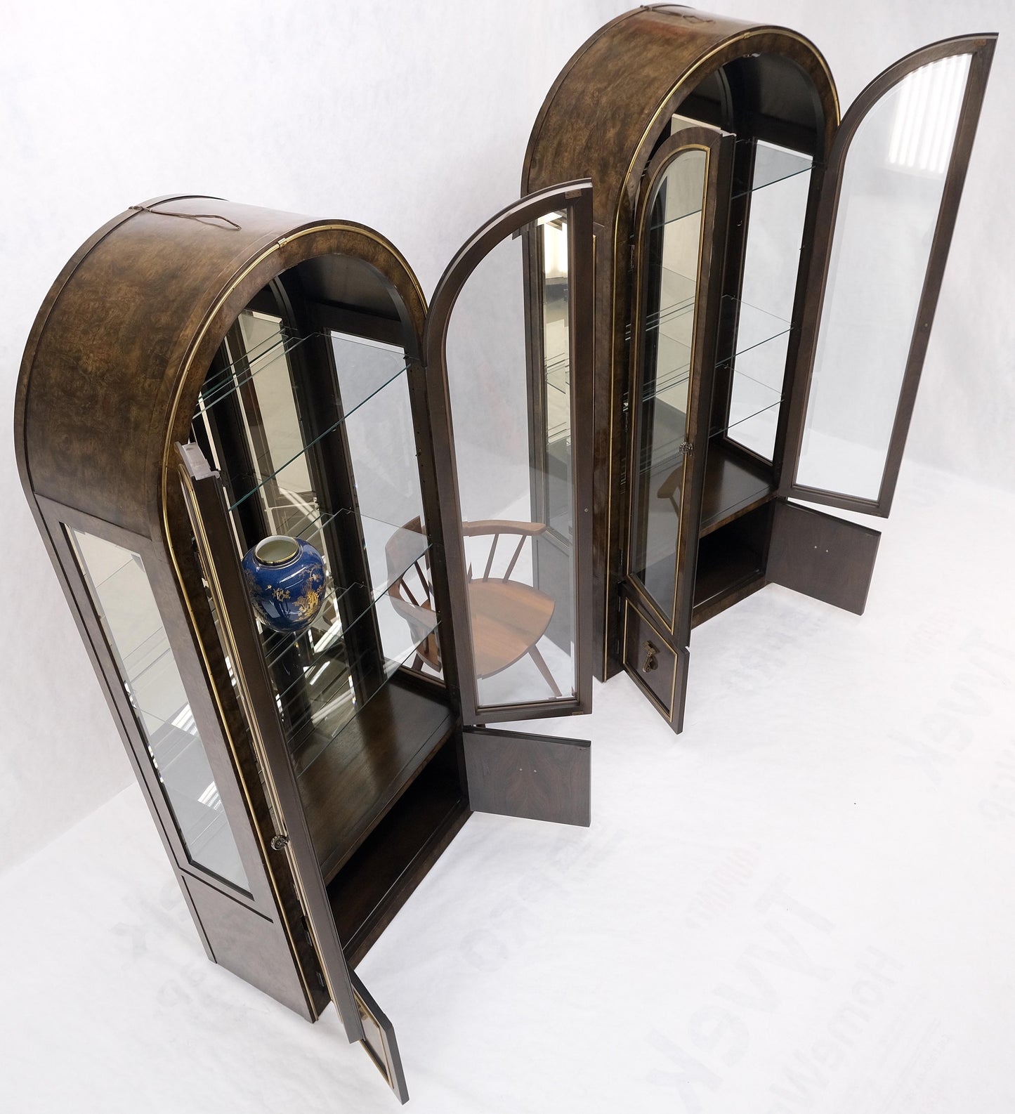 EstablishedLines Pair Mastercraft Dome Shape Burl Wood Curio Display Cabinets w Shelves Lights