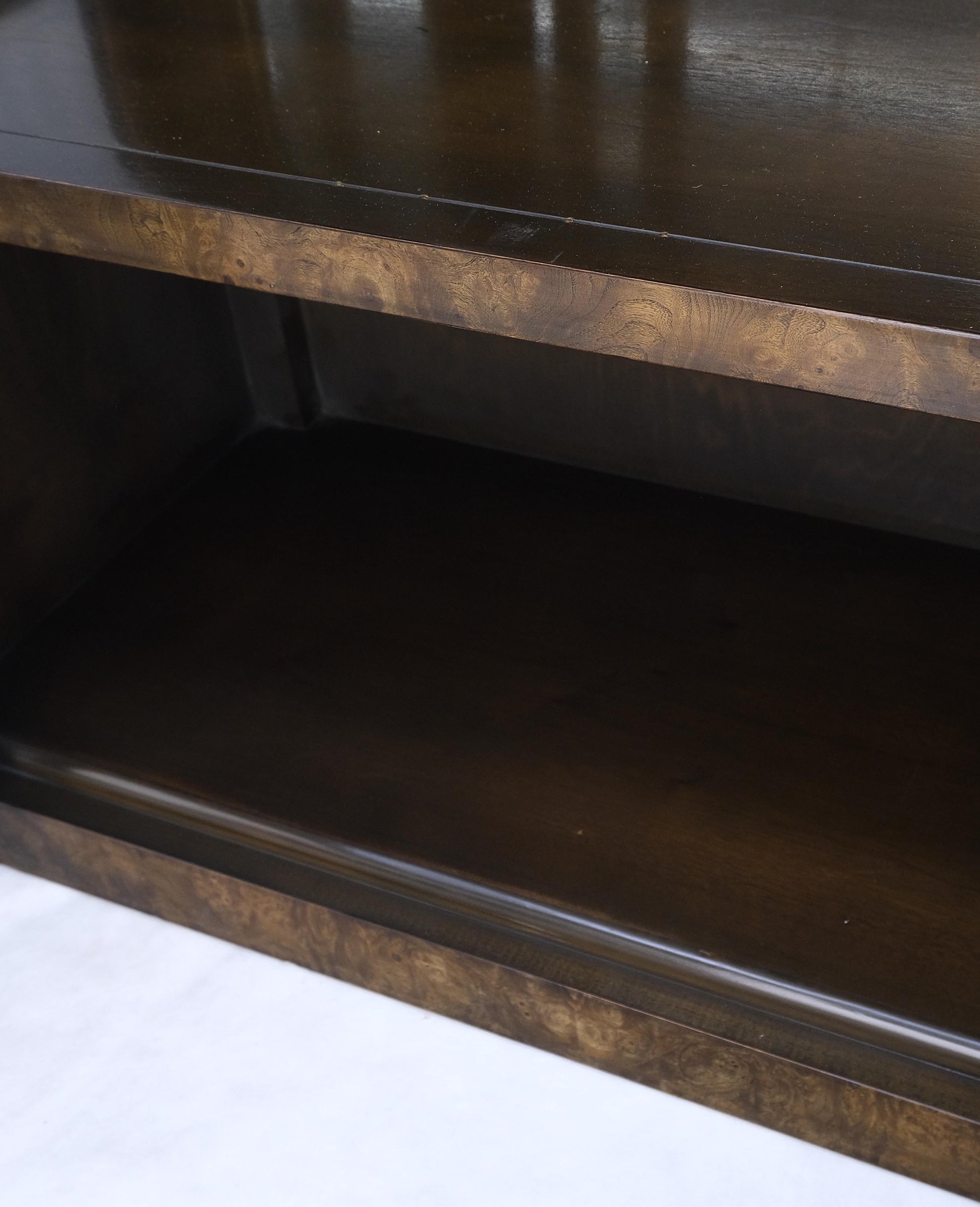 EstablishedLines Pair Mastercraft Dome Shape Burl Wood Curio Display Cabinets w Shelves Lights