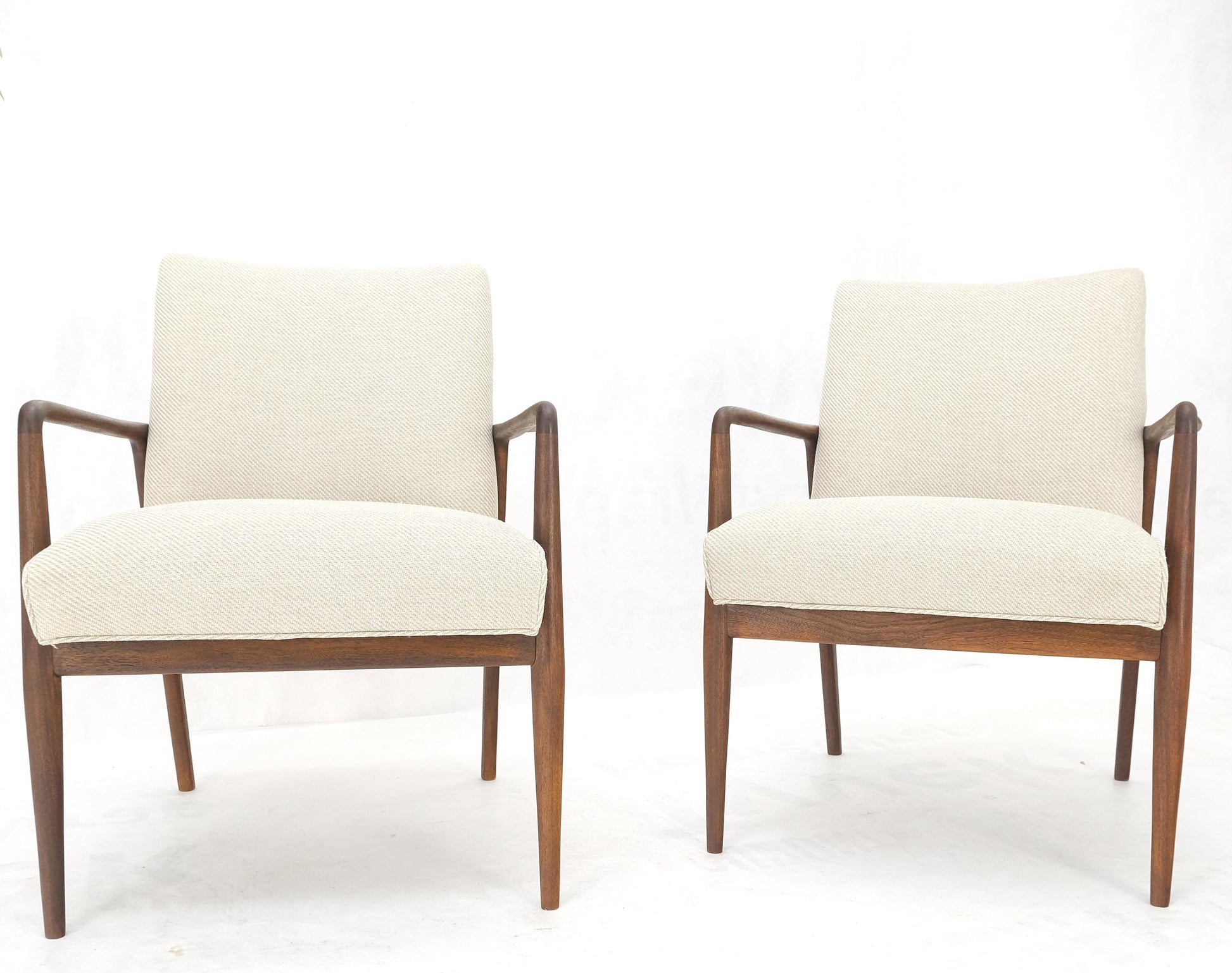 EstablishedLines New Oatmeal Tweed Upholstery Oiled Walnut Side Arm Chairs Jens Risom Style MINT!