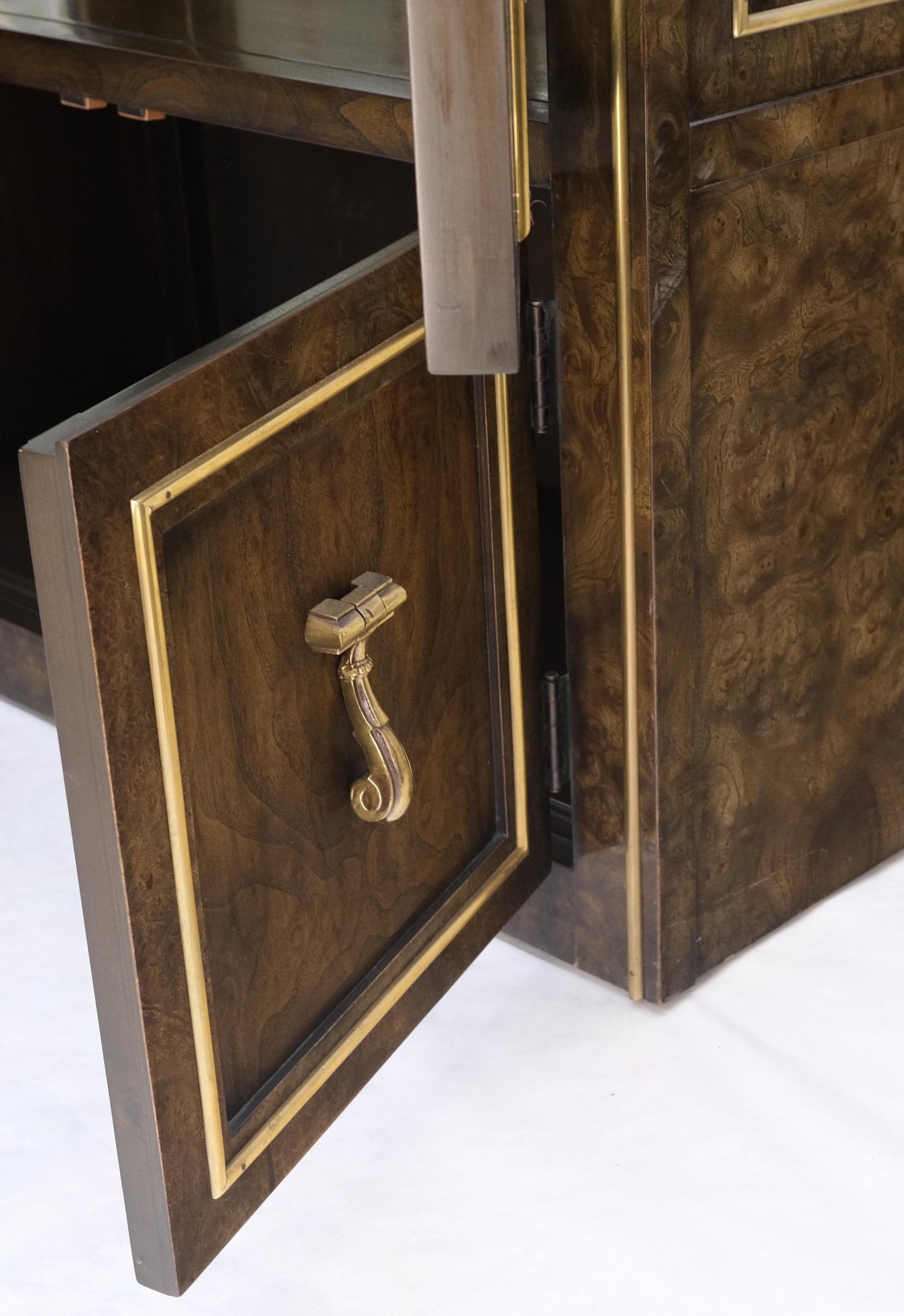 EstablishedLines Pair Mastercraft Dome Shape Burl Wood Curio Display Cabinets w Shelves Lights