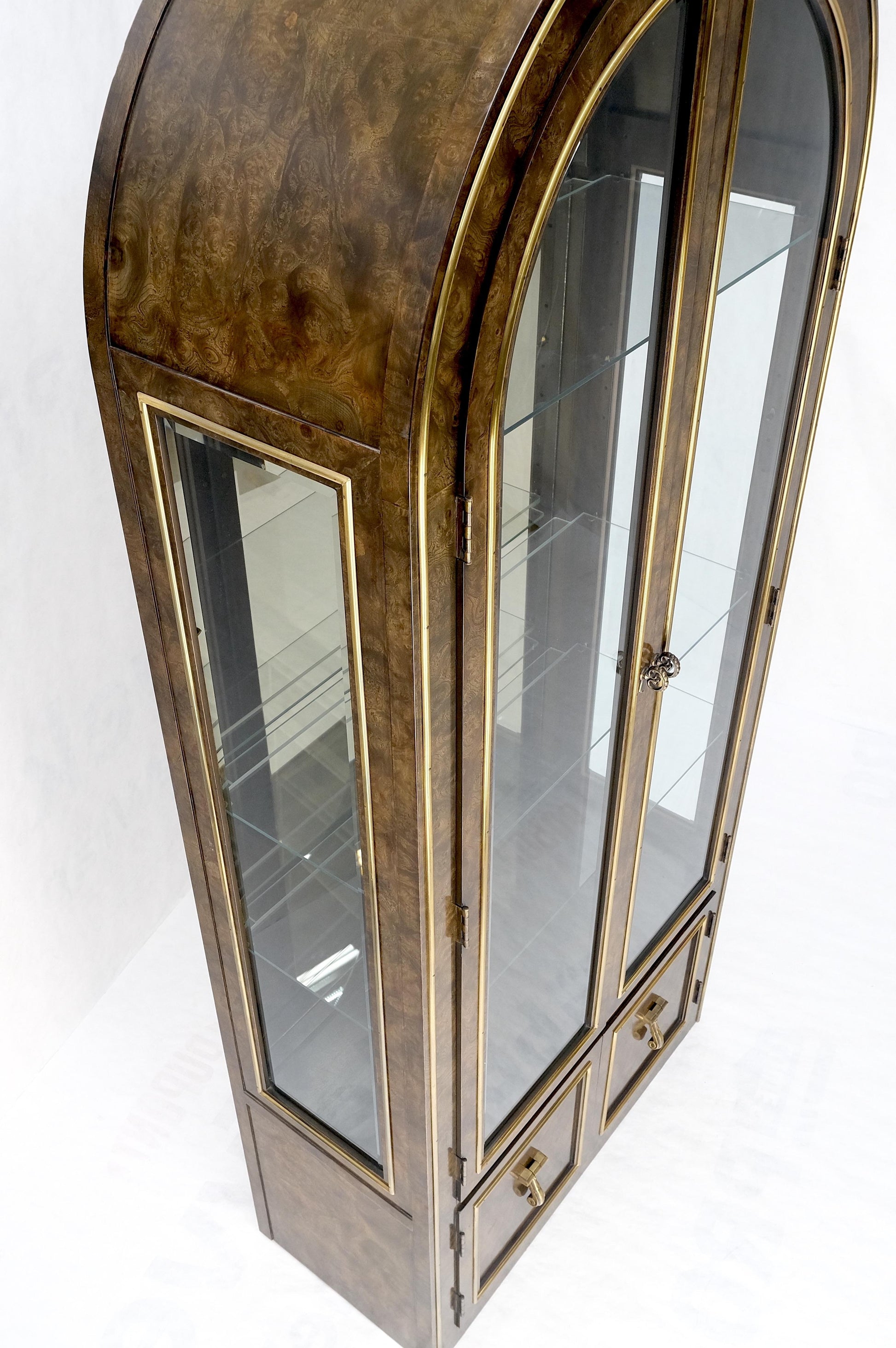 EstablishedLines Pair Mastercraft Dome Shape Burl Wood Curio Display Cabinets w Shelves Lights