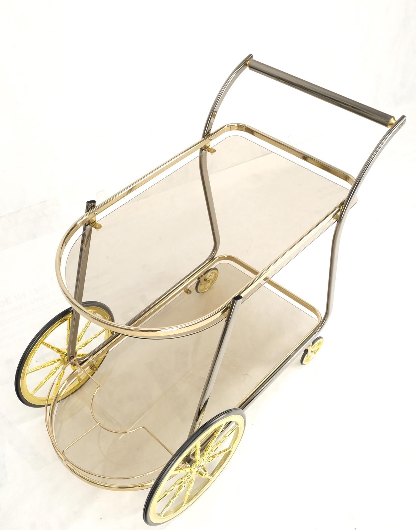 EstablishedLines Mid-Century Modern Smoked Glass Half Round Shape Serving Card Bar on Wheels Mint