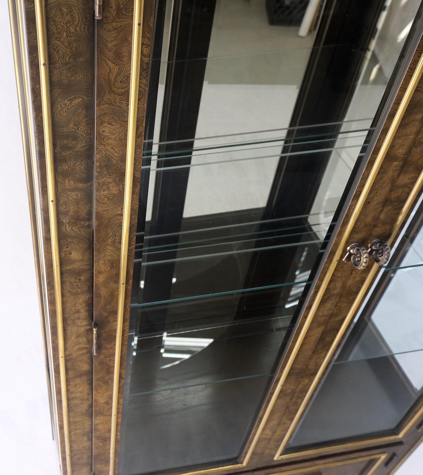 EstablishedLines Pair Mastercraft Dome Shape Burl Wood Curio Display Cabinets w Shelves Lights