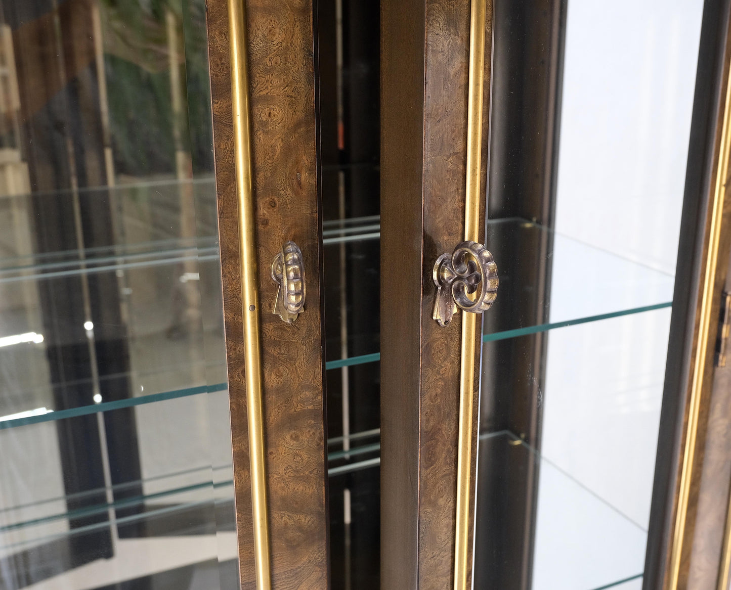 EstablishedLines Pair Mastercraft Dome Shape Burl Wood Curio Display Cabinets w Shelves Lights