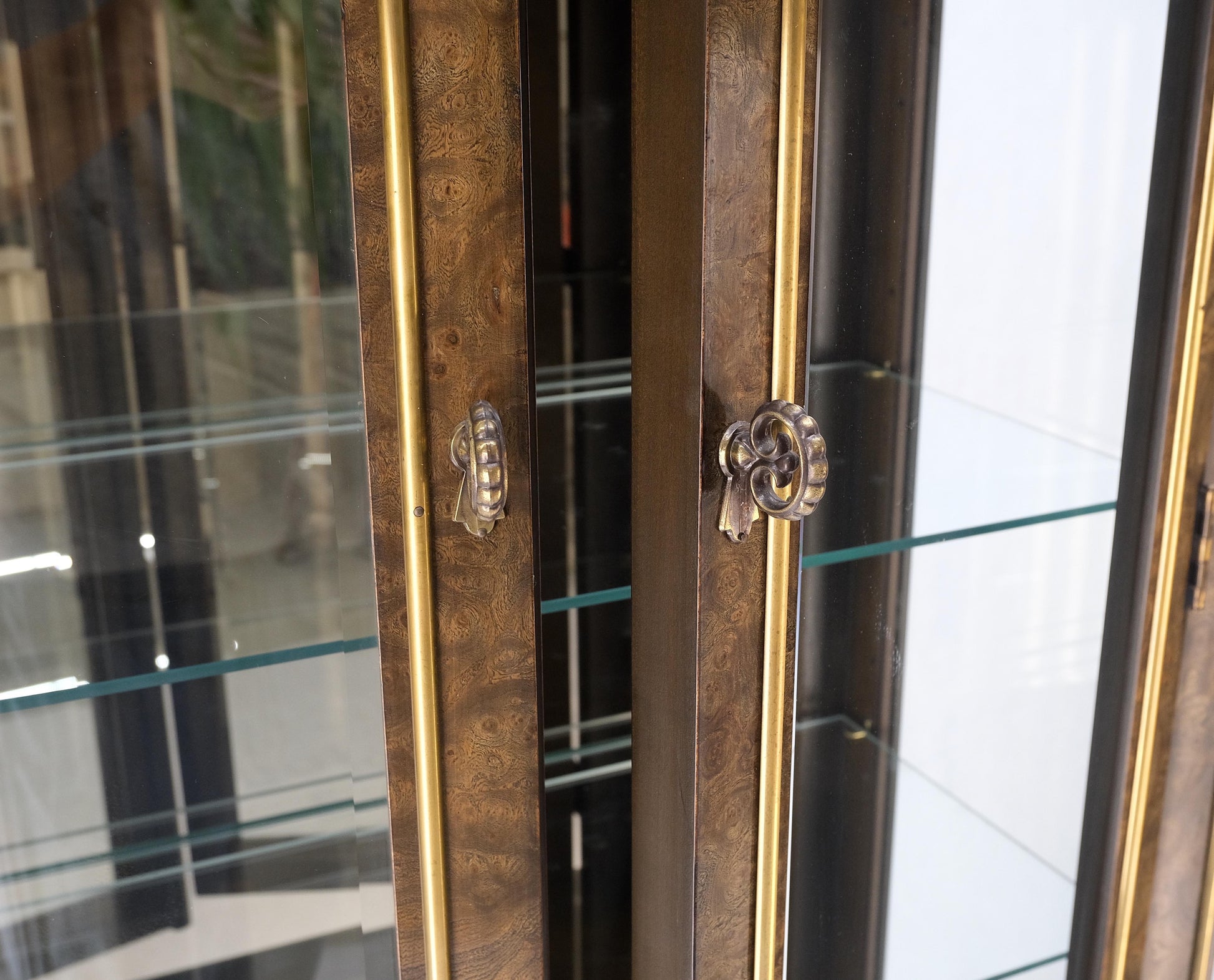 EstablishedLines Pair Mastercraft Dome Shape Burl Wood Curio Display Cabinets w Shelves Lights