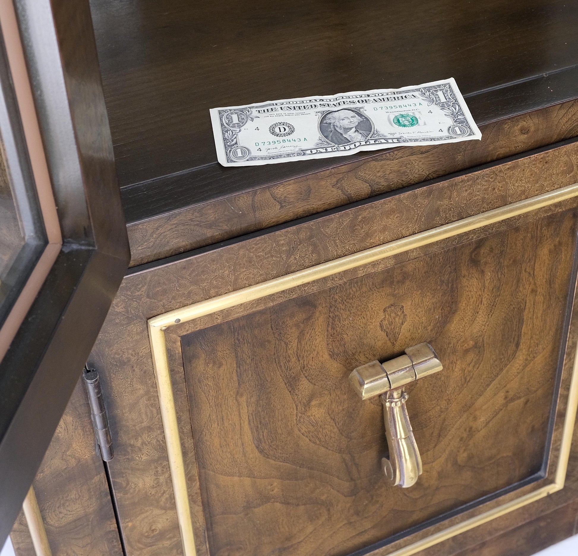 EstablishedLines Pair Mastercraft Dome Shape Burl Wood Curio Display Cabinets w Shelves Lights