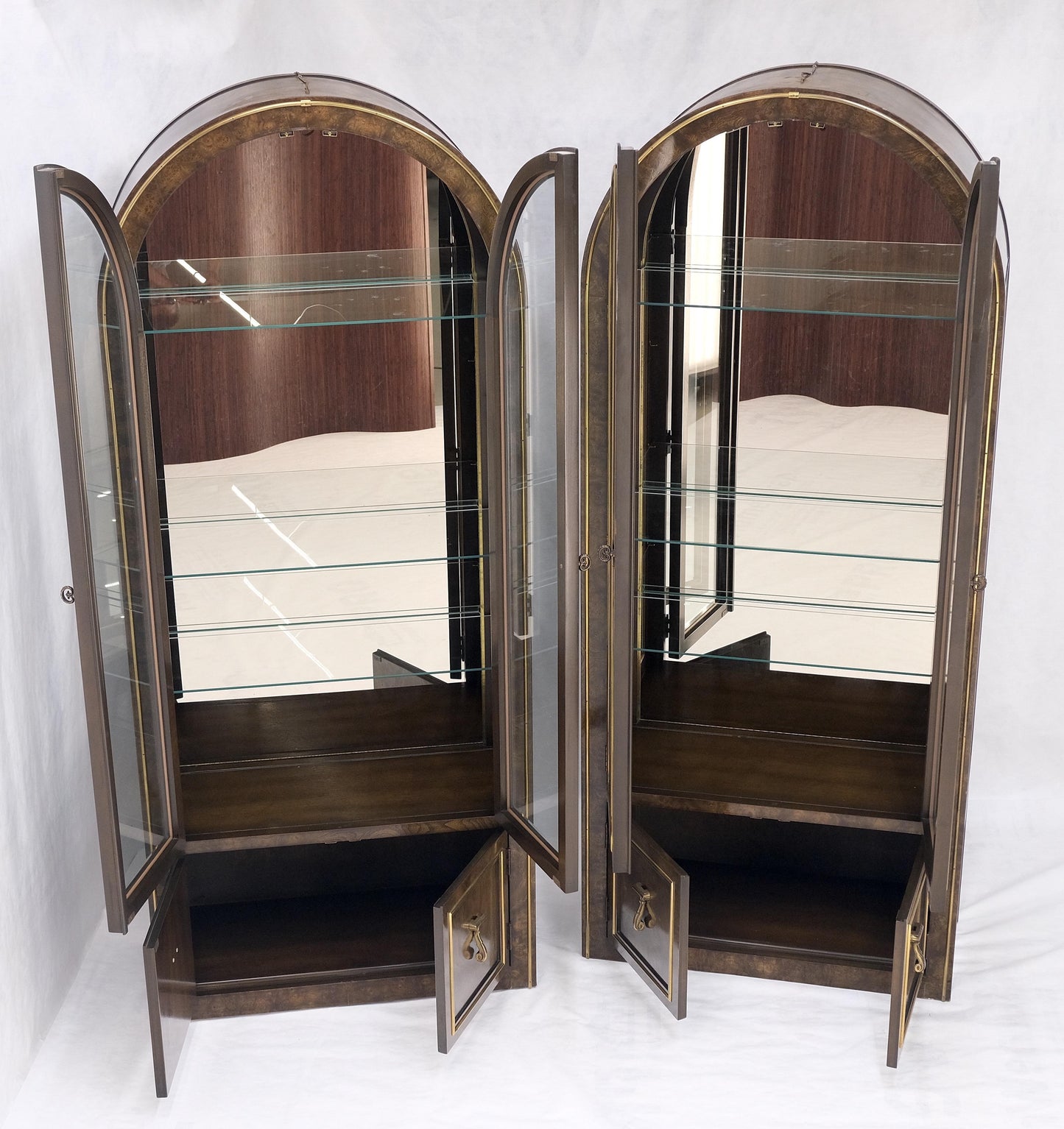 EstablishedLines Pair Mastercraft Dome Shape Burl Wood Curio Display Cabinets w Shelves Lights