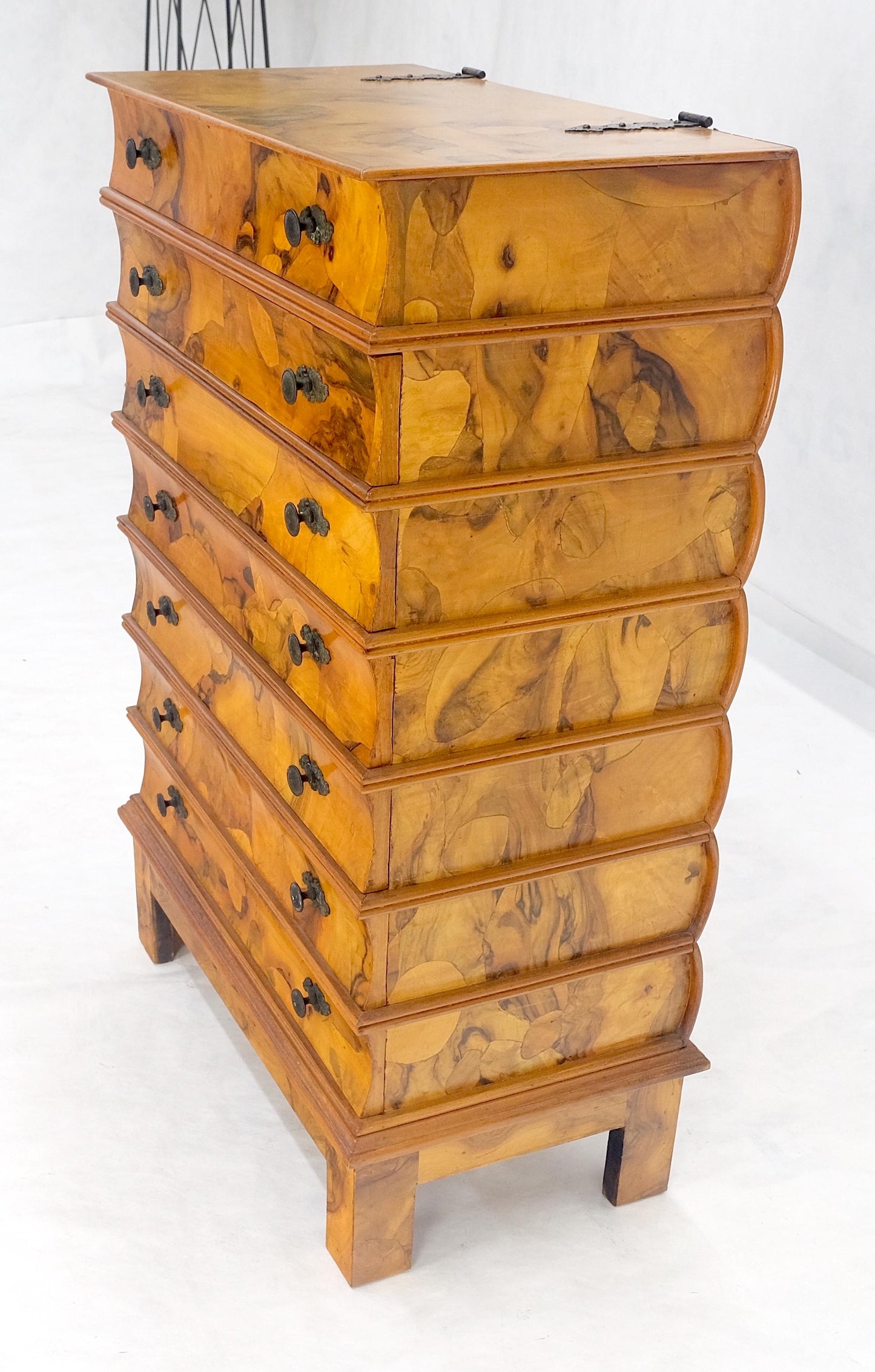 Lift Top Mirror Compartment "Stack ofBooks" 6 Drawers Italian Olive Wood Dresser