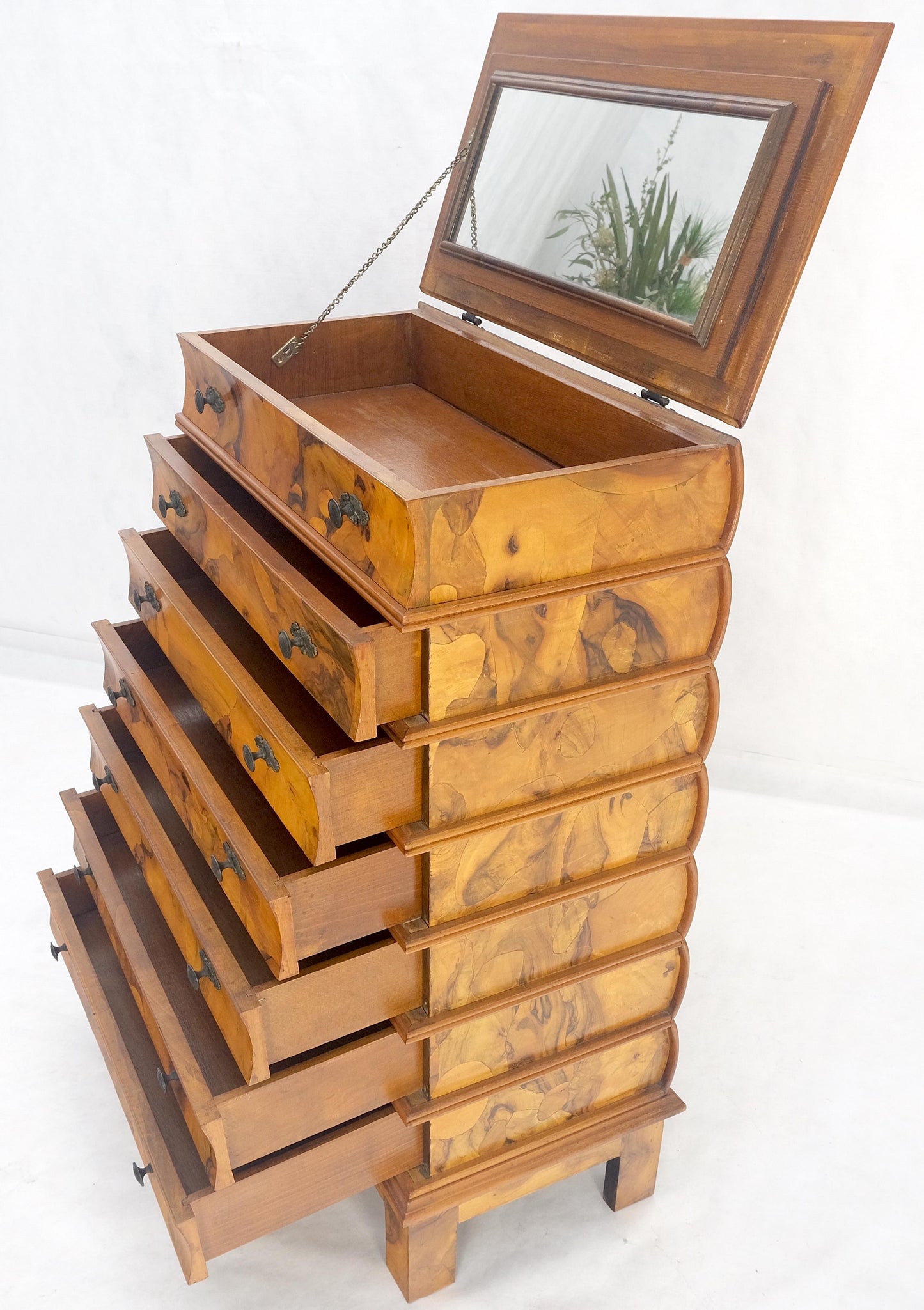 Lift Top Mirror Compartment "Stack ofBooks" 6 Drawers Italian Olive Wood Dresser