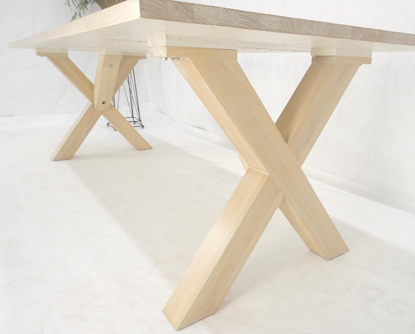 Large 8' Long Lime White Washed Solid Chestnut Dining Table Massive X Bases MINT