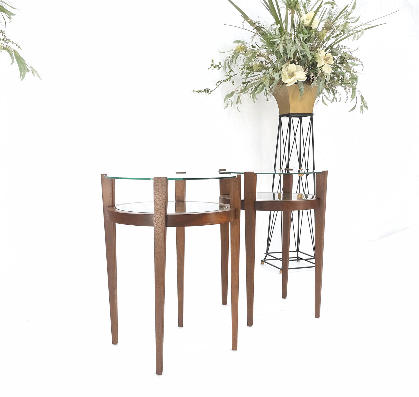 EstablishedLines Pair Two Tier Glass Top  Shelf Oiled Walnut Round End Side Occasional Table MINT