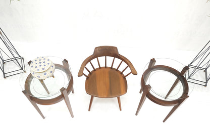 EstablishedLines Pair Two Tier Glass Top  Shelf Oiled Walnut Round End Side Occasional Table MINT