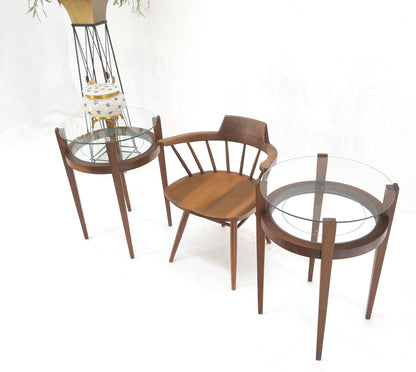 EstablishedLines Pair Two Tier Glass Top  Shelf Oiled Walnut Round End Side Occasional Table MINT