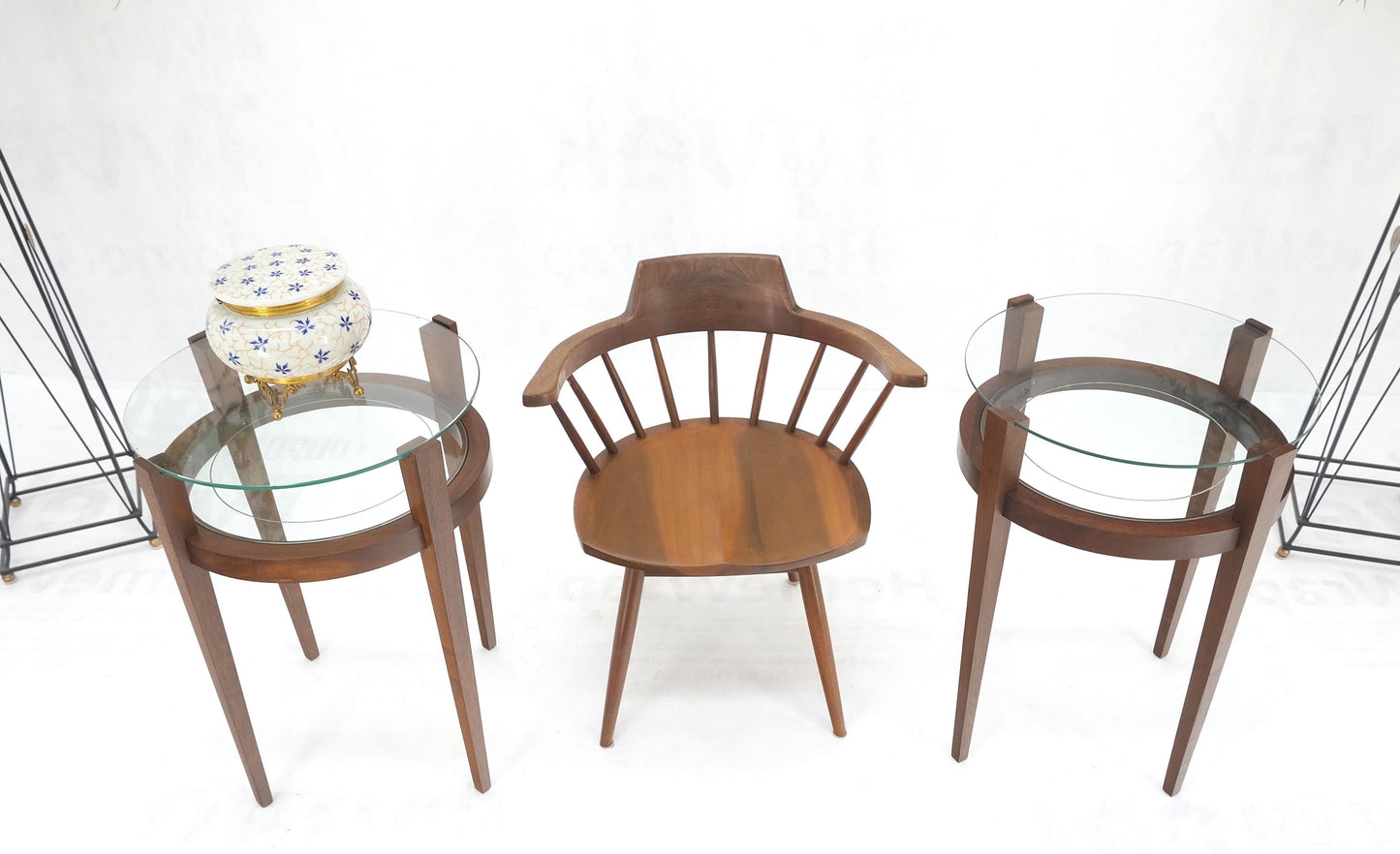 EstablishedLines Pair Two Tier Glass Top  Shelf Oiled Walnut Round End Side Occasional Table MINT