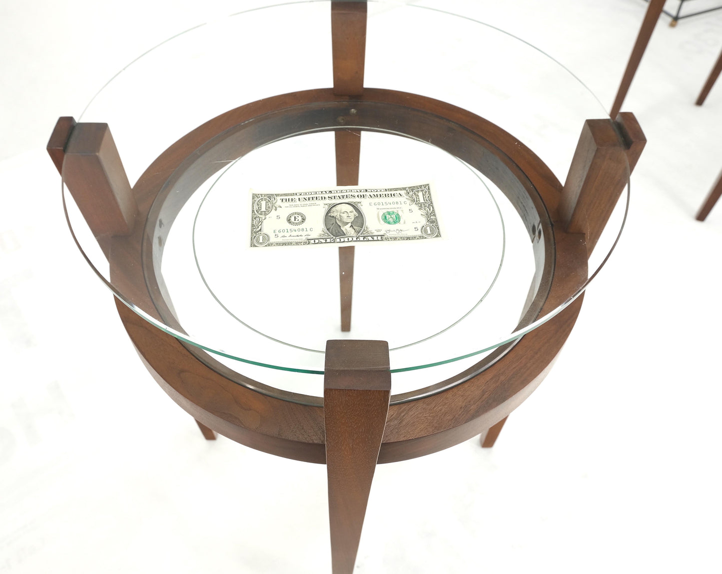 EstablishedLines Pair Two Tier Glass Top  Shelf Oiled Walnut Round End Side Occasional Table MINT