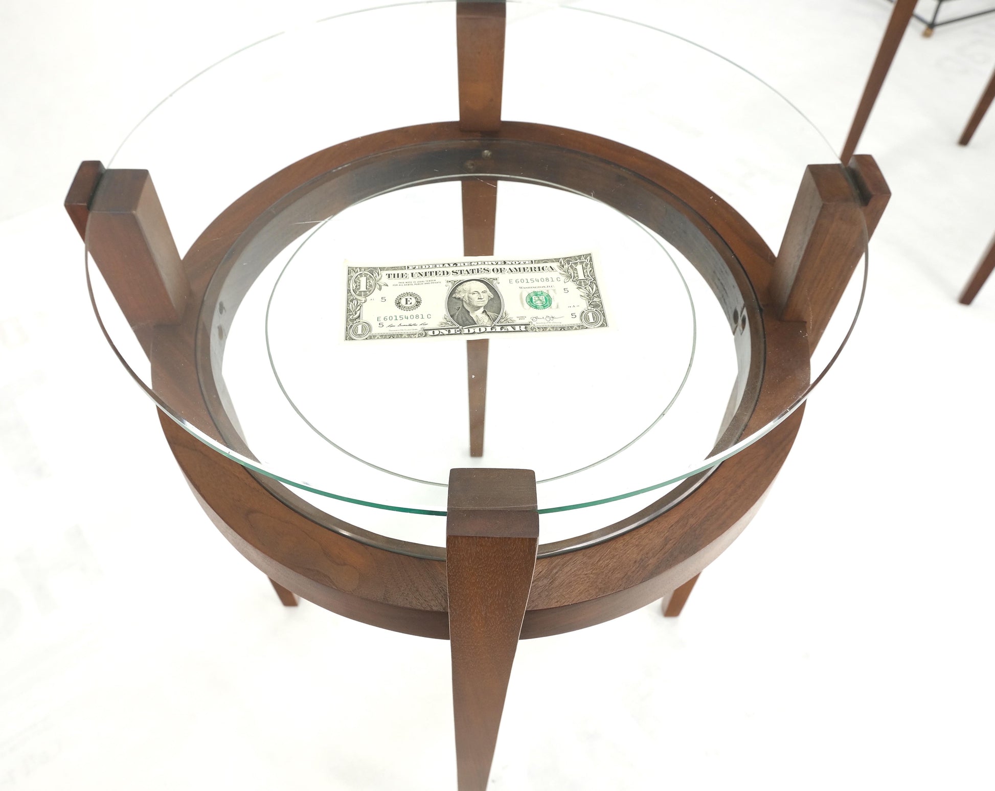 EstablishedLines Pair Two Tier Glass Top  Shelf Oiled Walnut Round End Side Occasional Table MINT