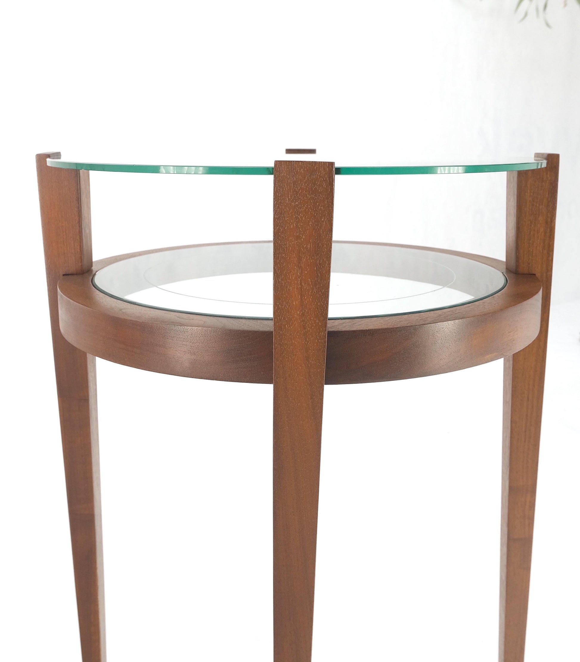 EstablishedLines Pair Two Tier Glass Top  Shelf Oiled Walnut Round End Side Occasional Table MINT