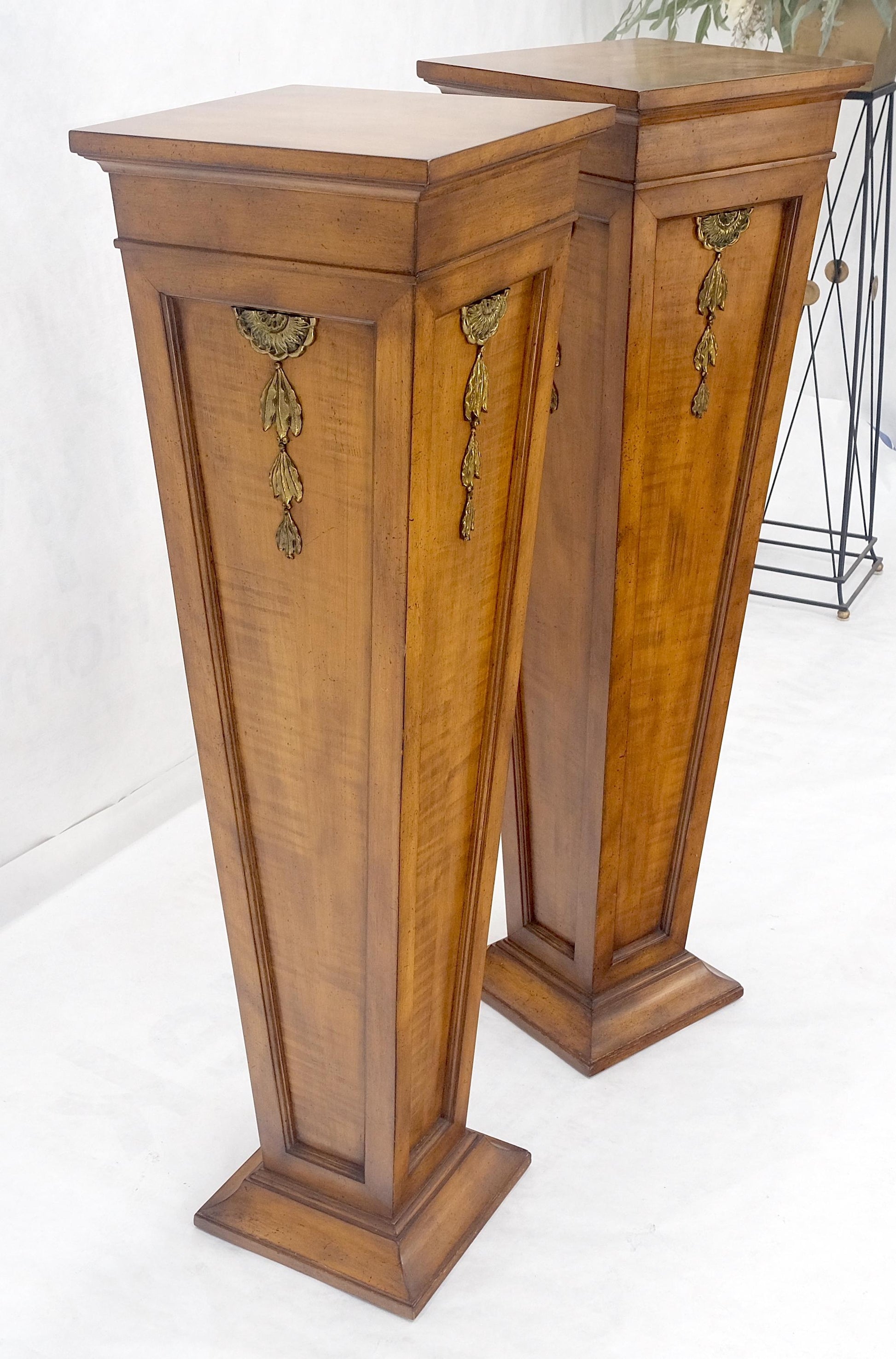 EstablishedLines Pair of Tapered Light Tiger Maple Bronze Mount Large Square Pedestals MINT!