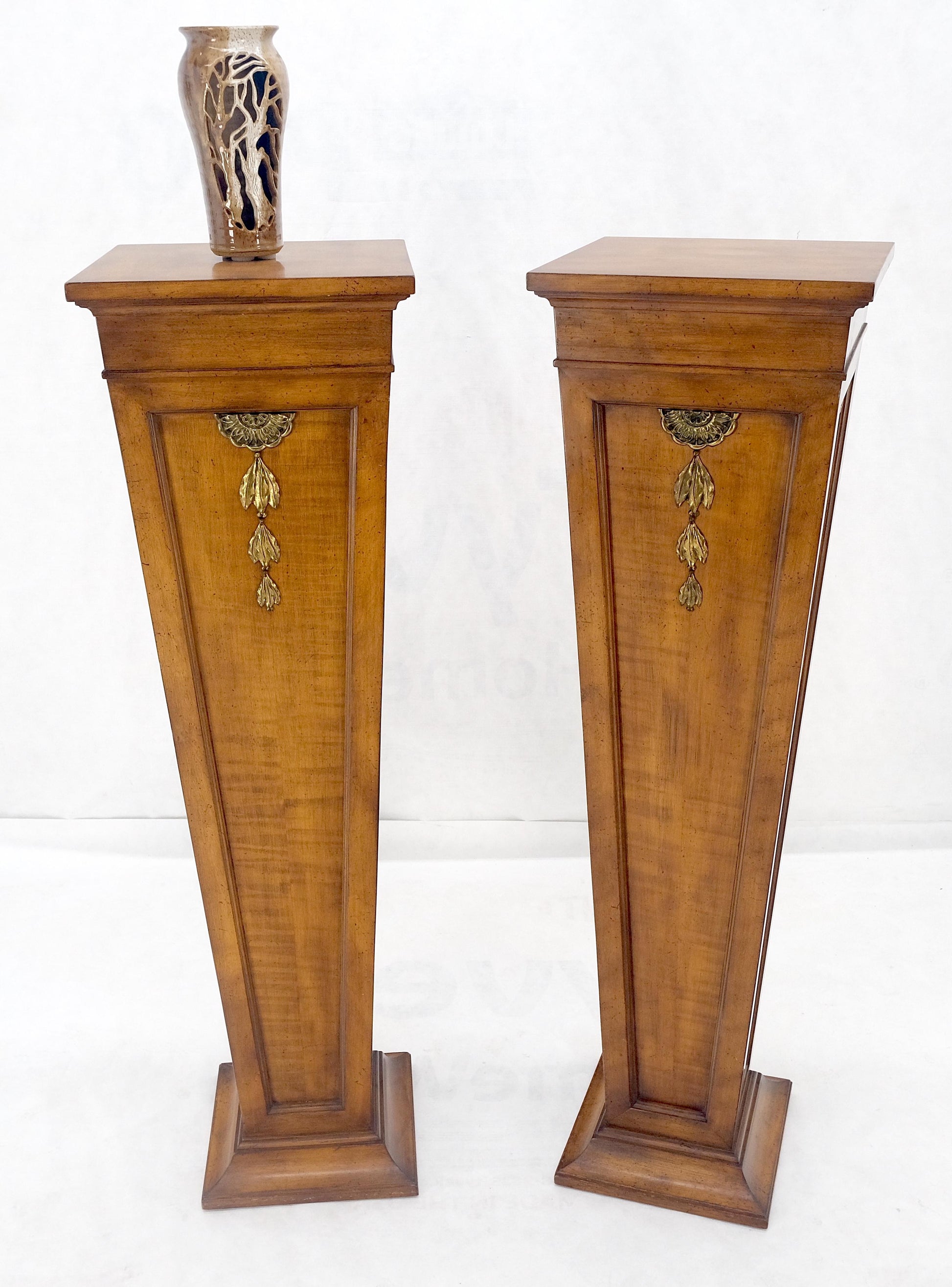 EstablishedLines Pair of Tapered Light Tiger Maple Bronze Mount Large Square Pedestals MINT!