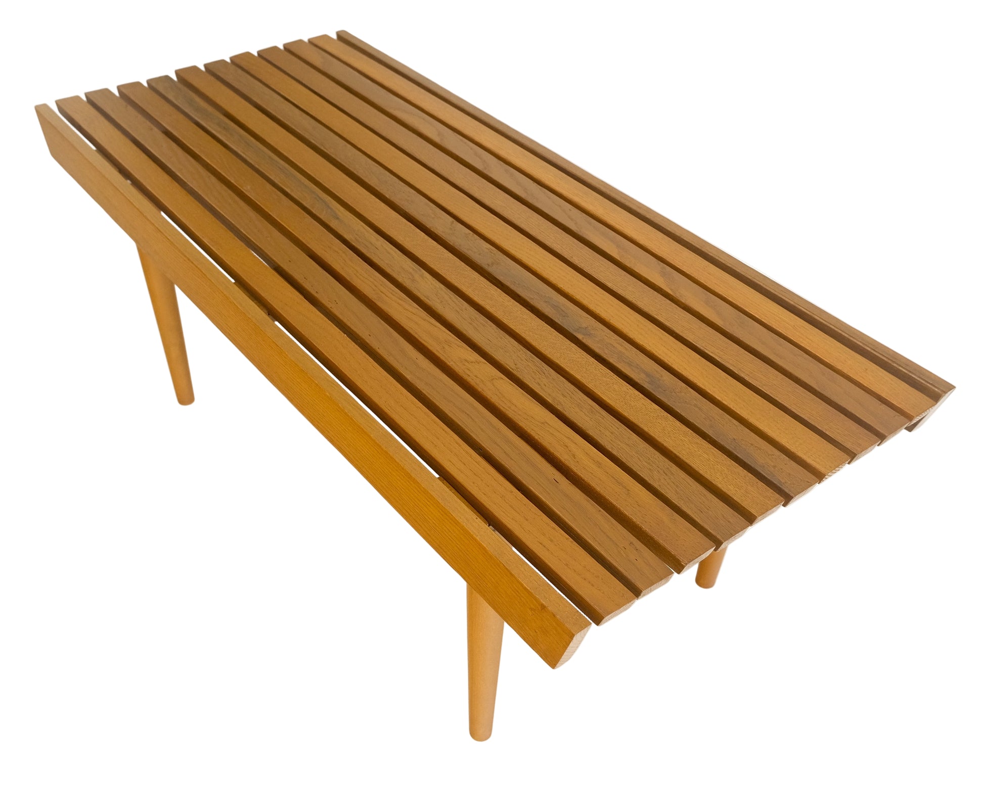 Modern Light Golden Solid Oak Slat Bench Turned Legs Lacquer Finish USA