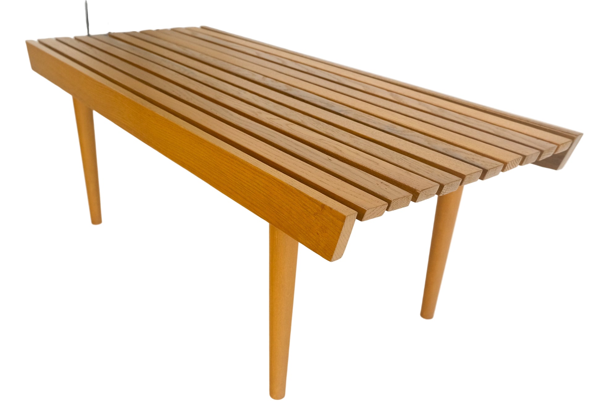 Modern Light Golden Solid Oak Slat Bench Turned Legs Lacquer Finish USA