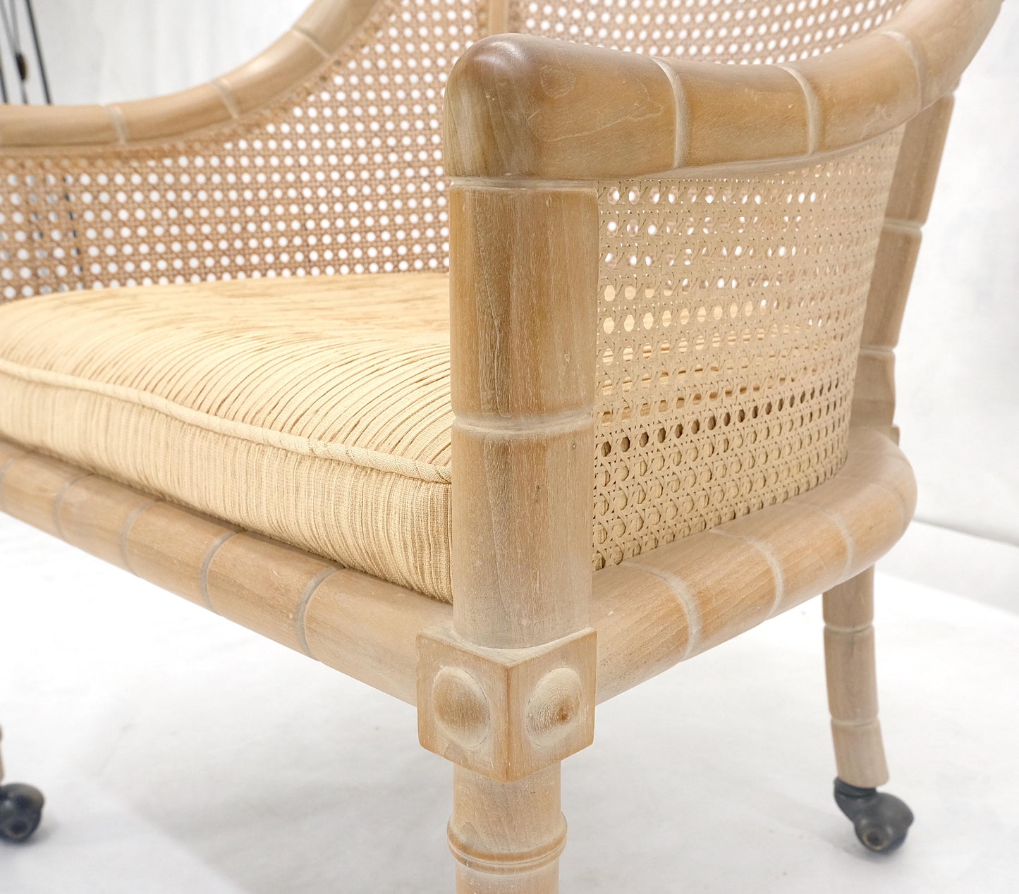 EstablishedLines Pair Rounded Barrel Cane Back White Wash Carved Faux Bamboo Lounge Chairs MINT!