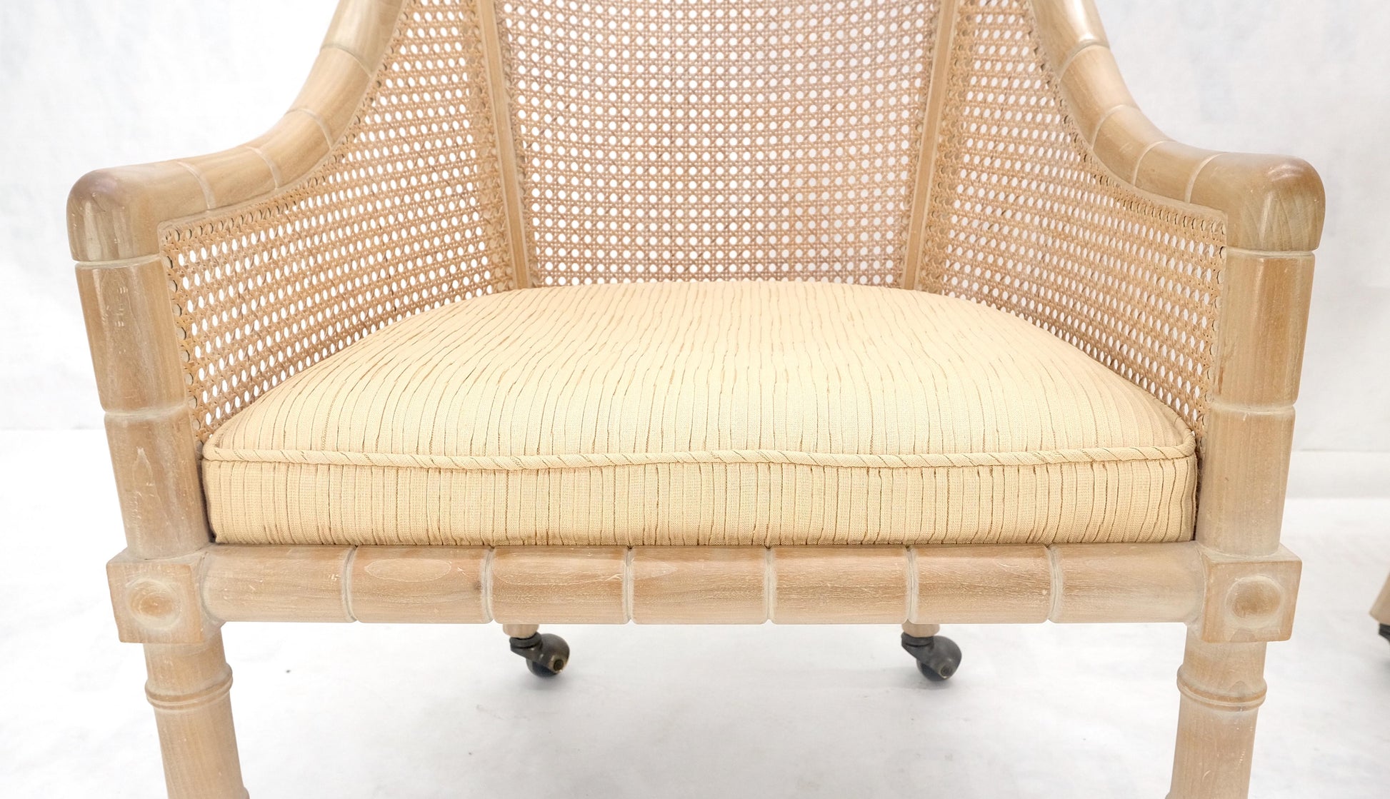 EstablishedLines Pair Rounded Barrel Cane Back White Wash Carved Faux Bamboo Lounge Chairs MINT!