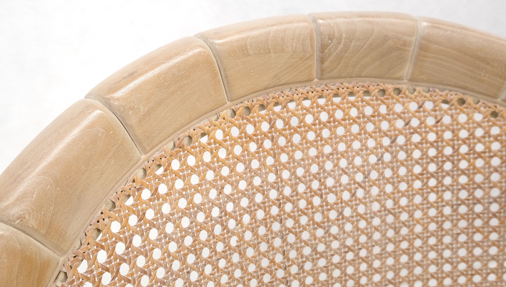EstablishedLines Pair Rounded Barrel Cane Back White Wash Carved Faux Bamboo Lounge Chairs MINT!