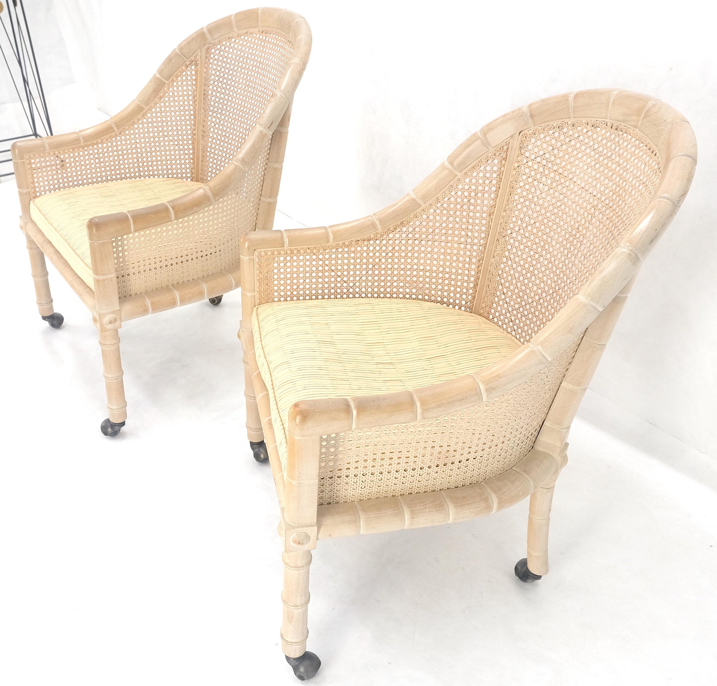 EstablishedLines Pair Rounded Barrel Cane Back White Wash Carved Faux Bamboo Lounge Chairs MINT!