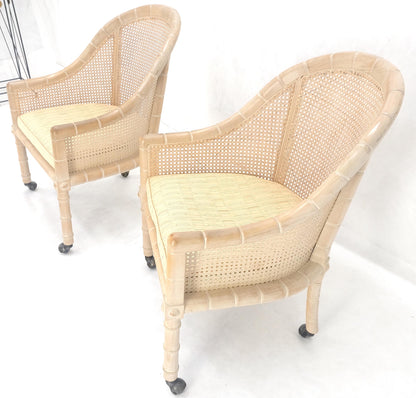 EstablishedLines Pair Rounded Barrel Cane Back White Wash Carved Faux Bamboo Lounge Chairs MINT!