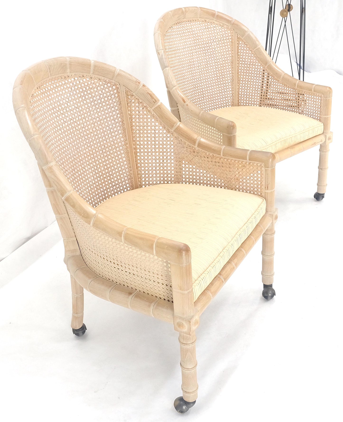 EstablishedLines Pair Rounded Barrel Cane Back White Wash Carved Faux Bamboo Lounge Chairs MINT!