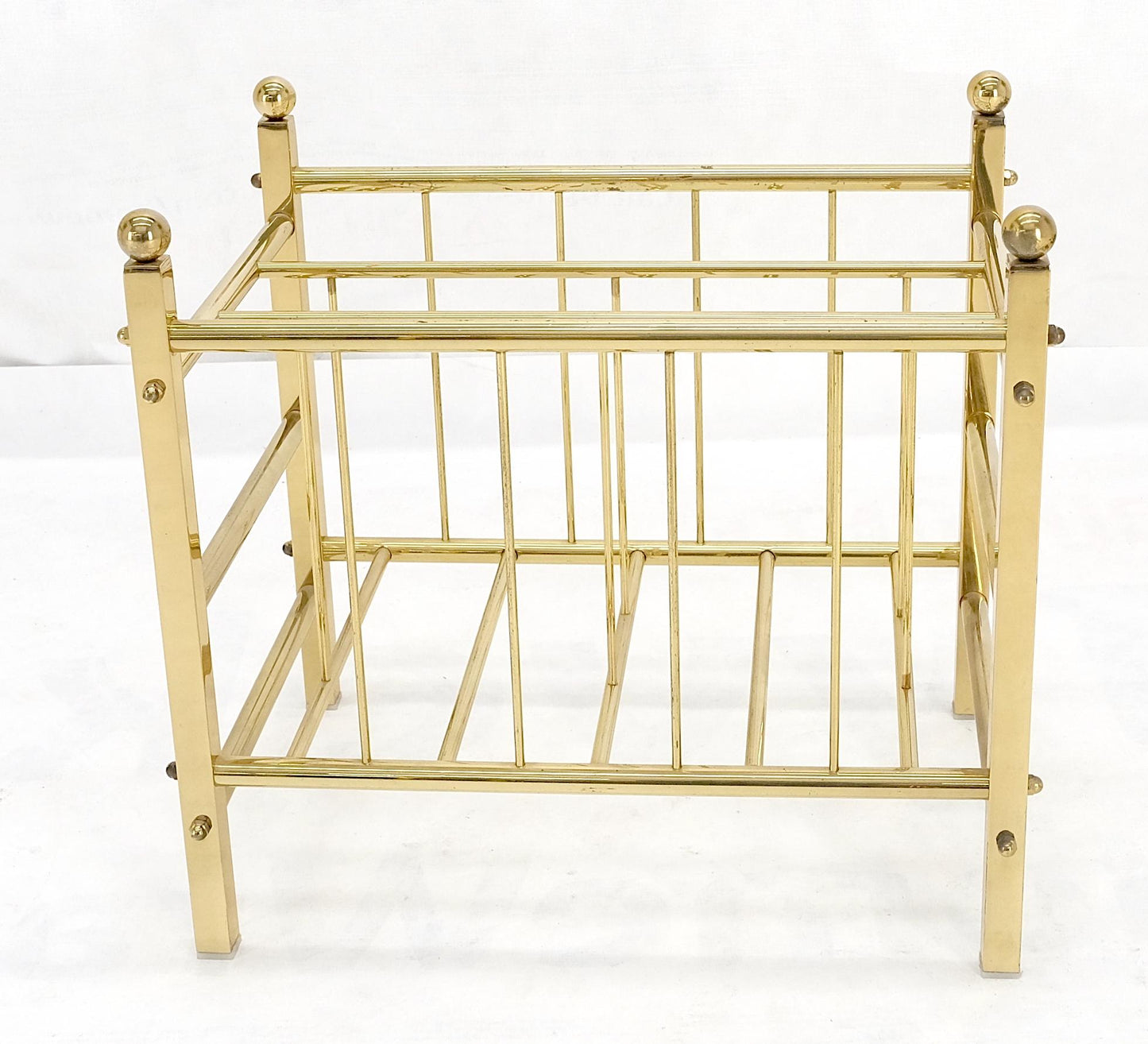 EstablishedLines Solid Brass Tube Vintage Mid Century Modern Caddy Magazine Rack Ball Finial MINT