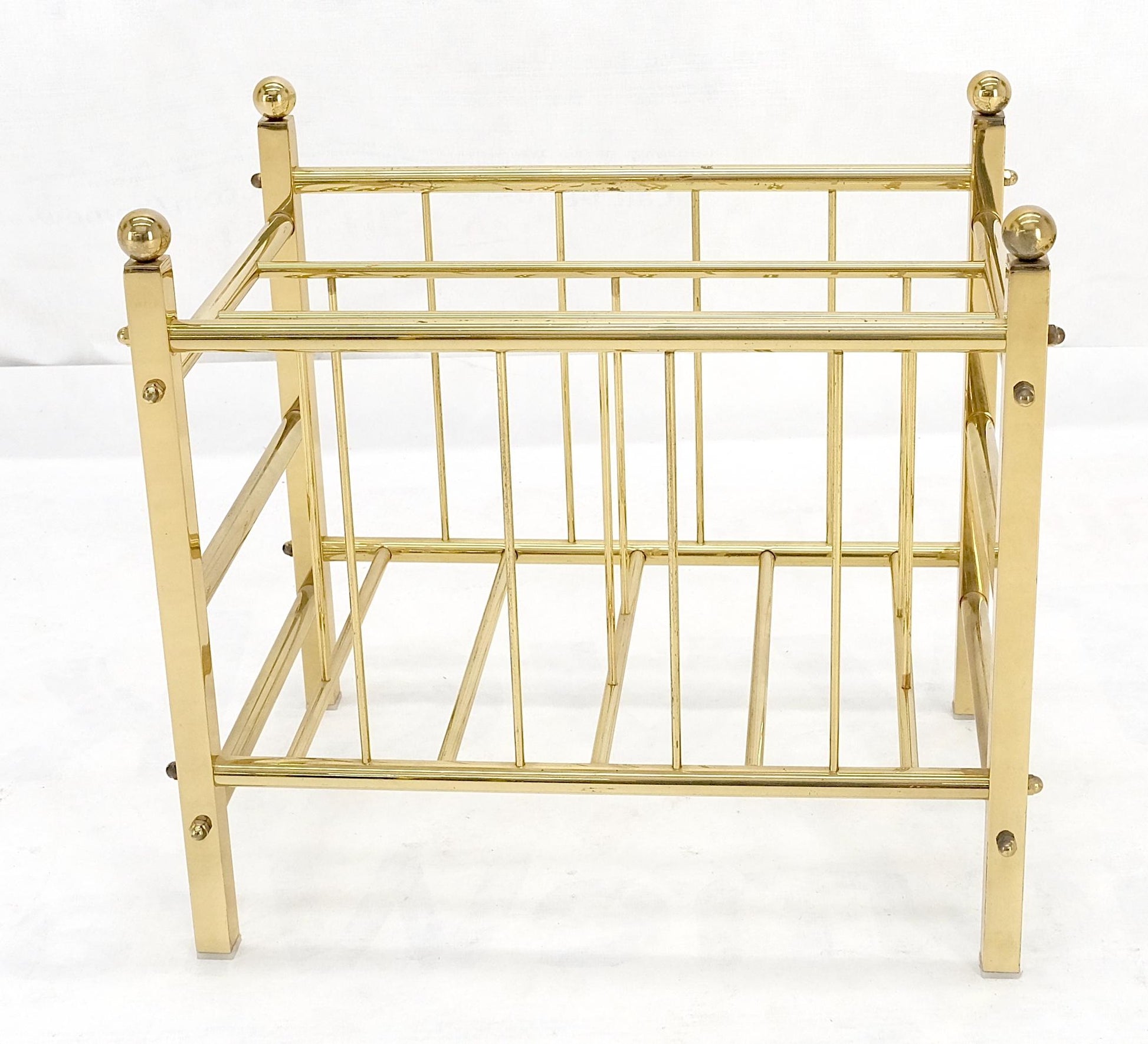 EstablishedLines Solid Brass Tube Vintage Mid Century Modern Caddy Magazine Rack Ball Finial MINT