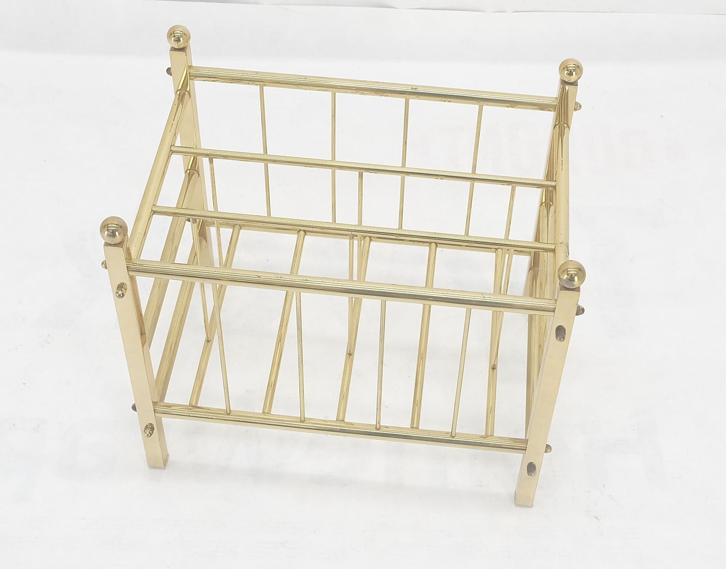 EstablishedLines Solid Brass Tube Vintage Mid Century Modern Caddy Magazine Rack Ball Finial MINT