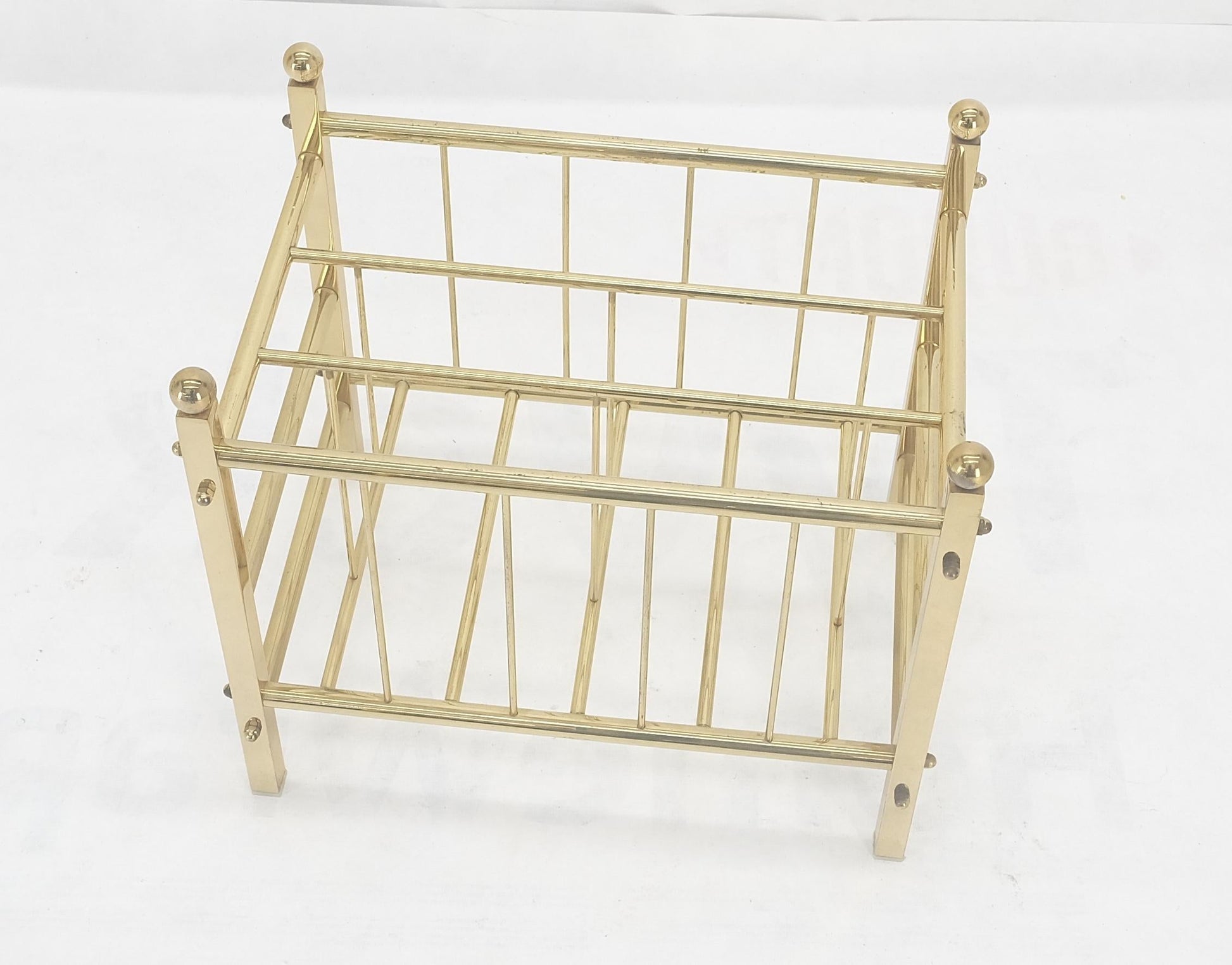 EstablishedLines Solid Brass Tube Vintage Mid Century Modern Caddy Magazine Rack Ball Finial MINT