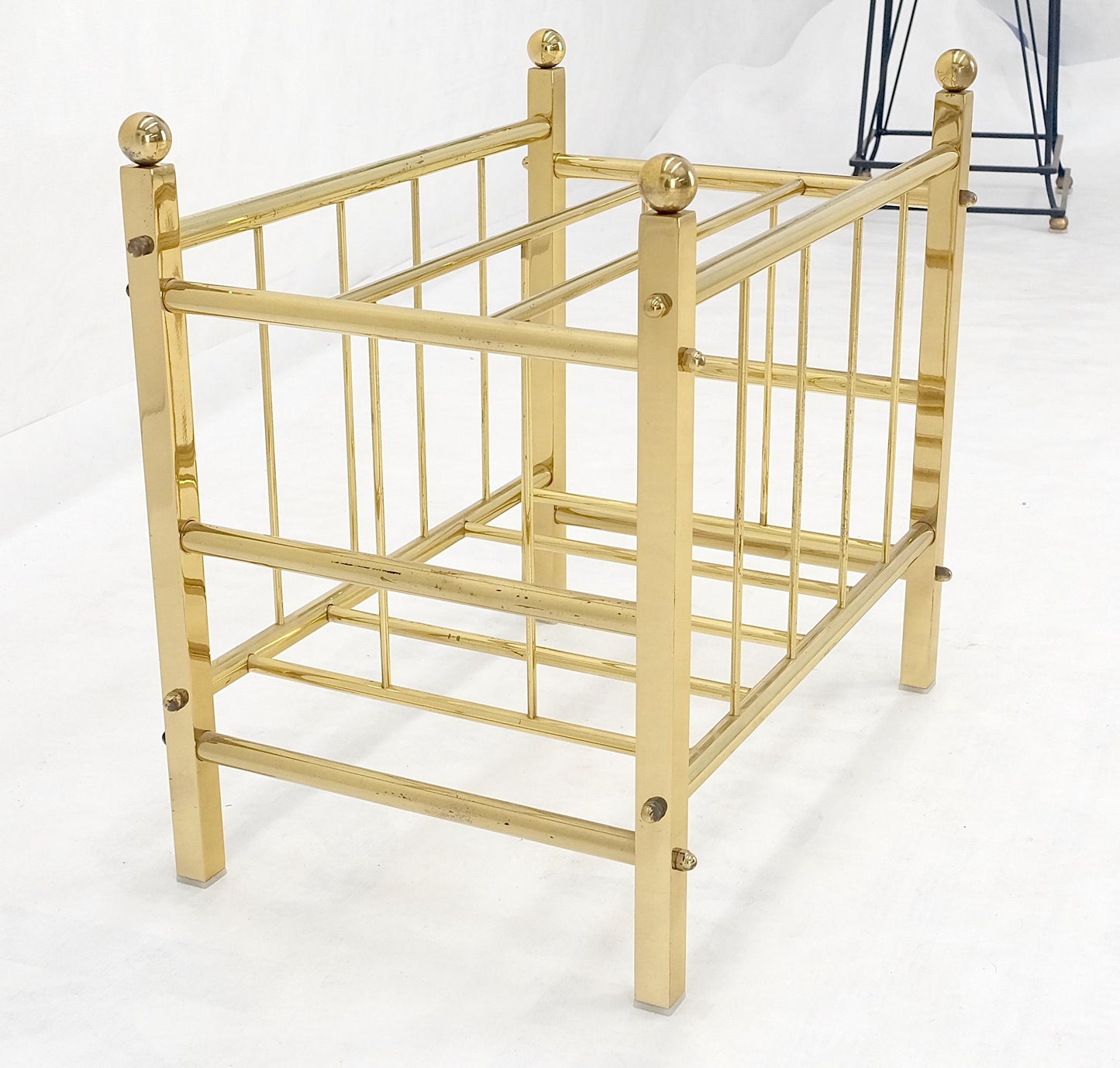 EstablishedLines Solid Brass Tube Vintage Mid Century Modern Caddy Magazine Rack Ball Finial MINT