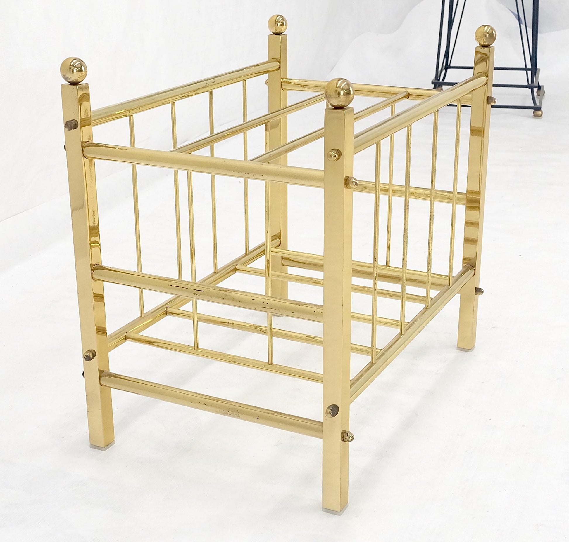 EstablishedLines Solid Brass Tube Vintage Mid Century Modern Caddy Magazine Rack Ball Finial MINT