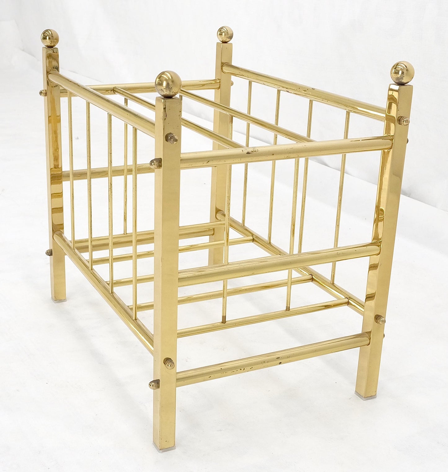 EstablishedLines Solid Brass Tube Vintage Mid Century Modern Caddy Magazine Rack Ball Finial MINT