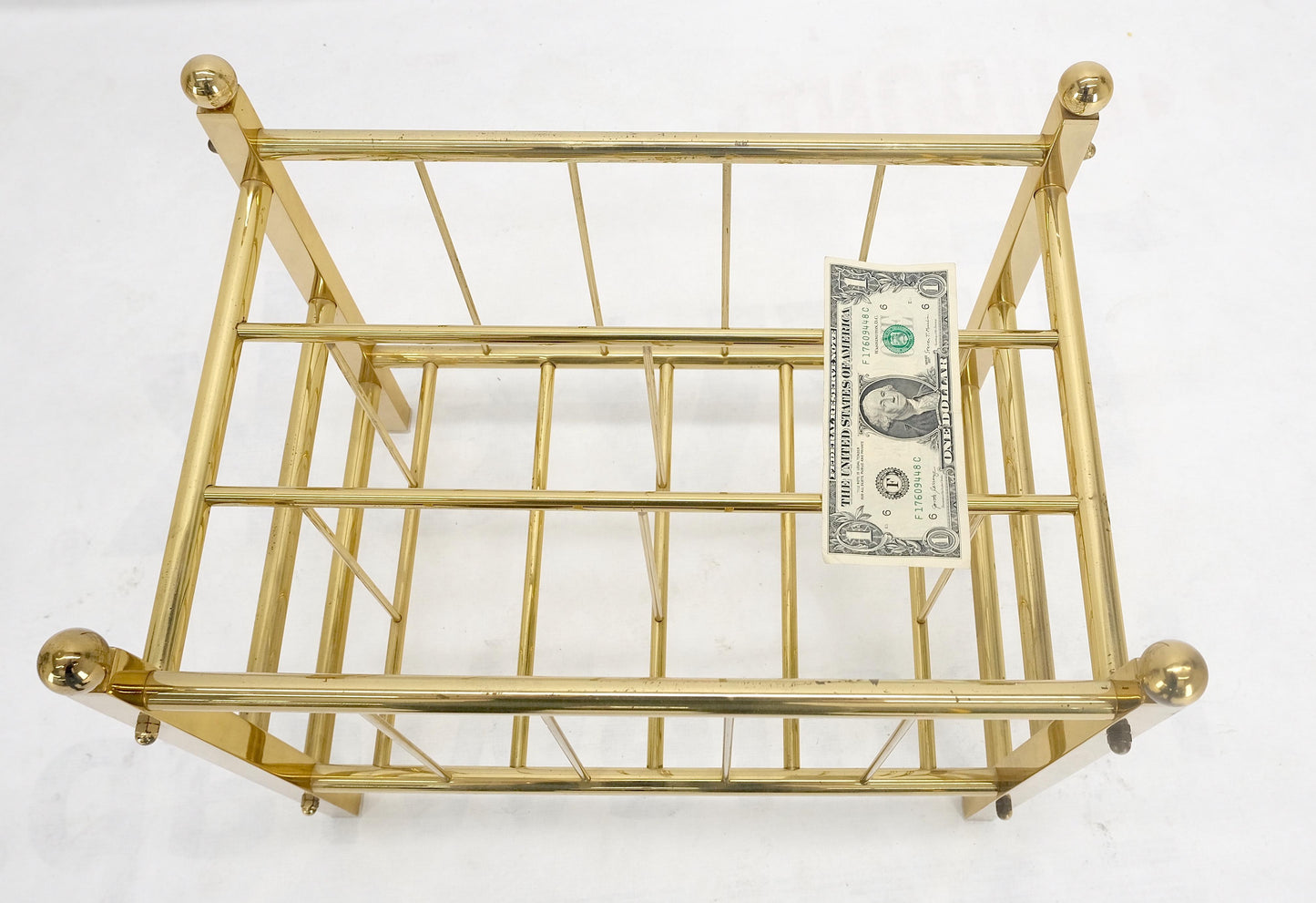 EstablishedLines Solid Brass Tube Vintage Mid Century Modern Caddy Magazine Rack Ball Finial MINT