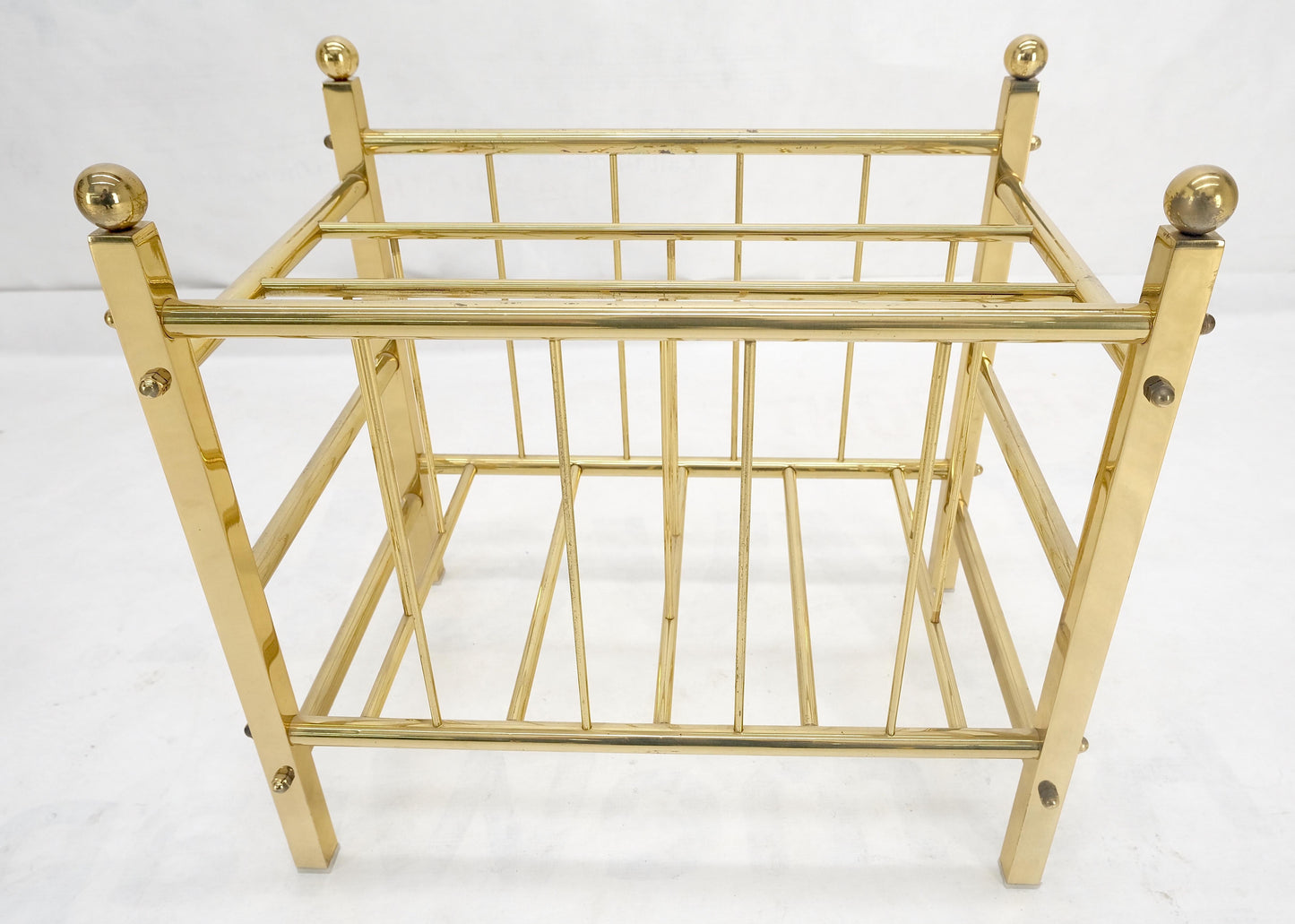 EstablishedLines Solid Brass Tube Vintage Mid Century Modern Caddy Magazine Rack Ball Finial MINT