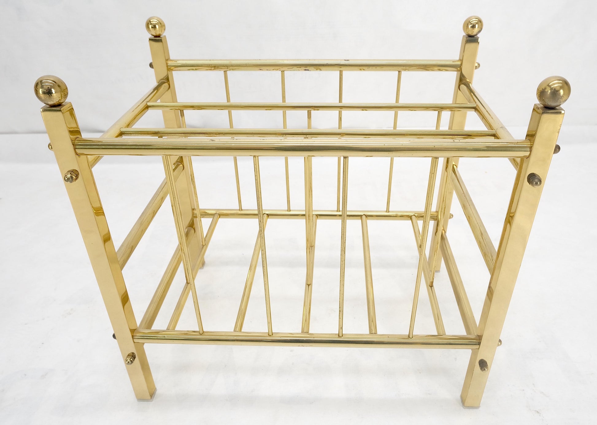 EstablishedLines Solid Brass Tube Vintage Mid Century Modern Caddy Magazine Rack Ball Finial MINT