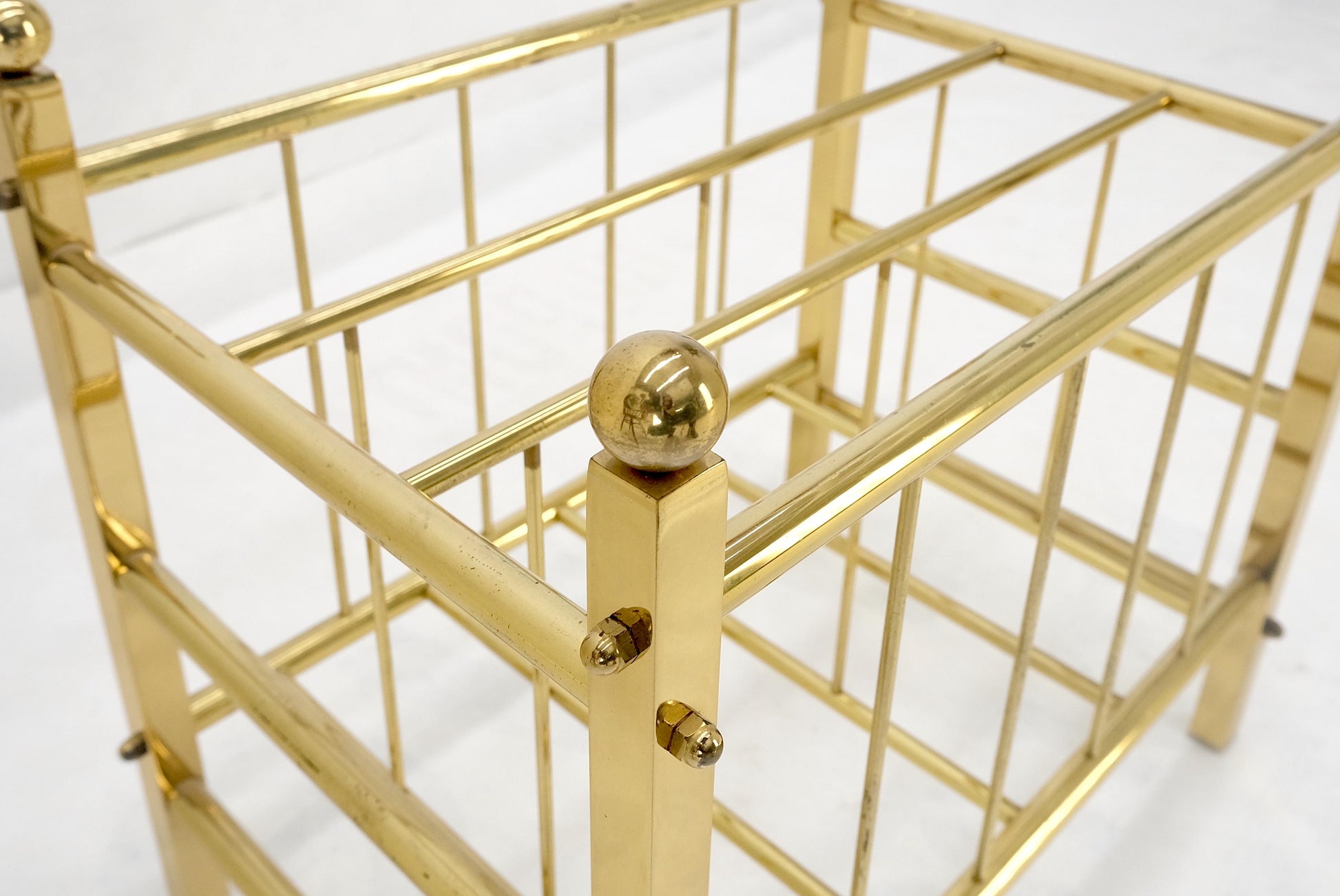 EstablishedLines Solid Brass Tube Vintage Mid Century Modern Caddy Magazine Rack Ball Finial MINT