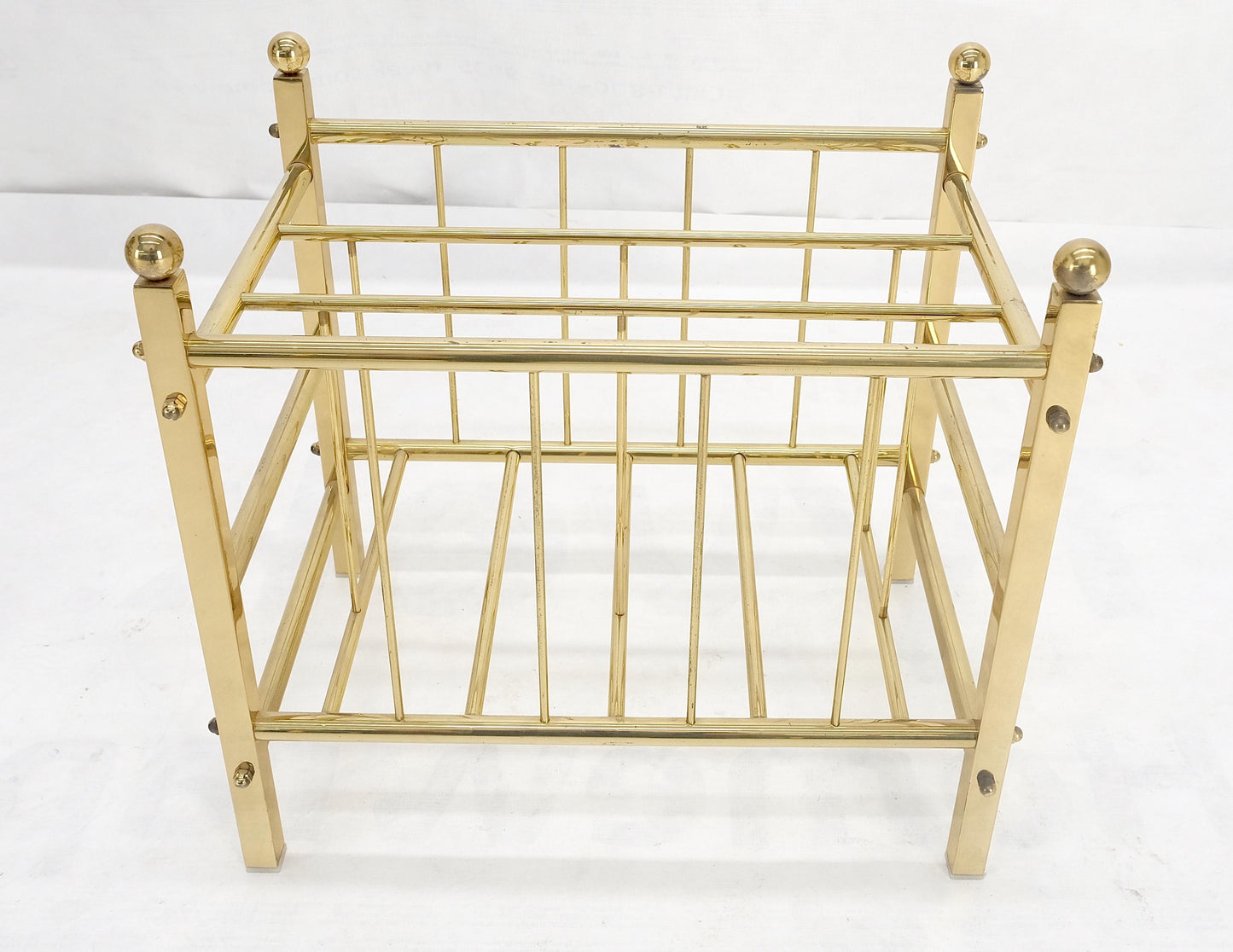 EstablishedLines Solid Brass Tube Vintage Mid Century Modern Caddy Magazine Rack Ball Finial MINT
