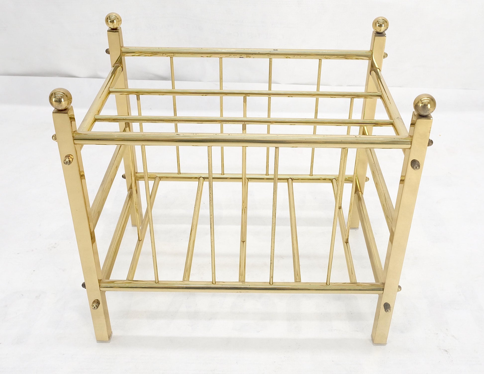 EstablishedLines Solid Brass Tube Vintage Mid Century Modern Caddy Magazine Rack Ball Finial MINT