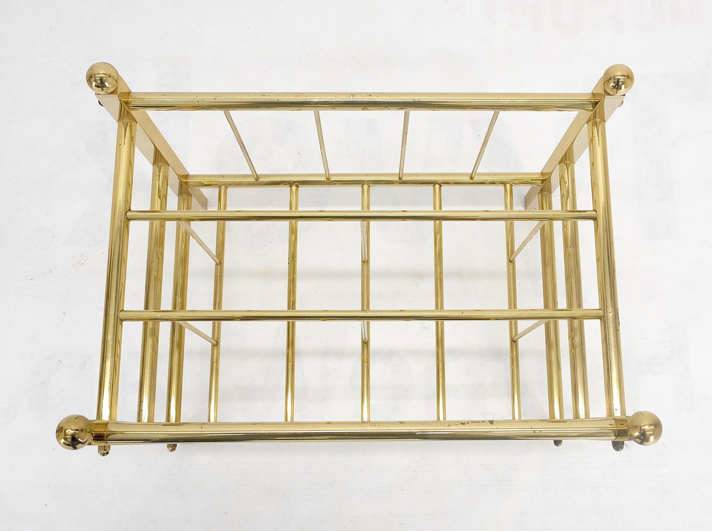 EstablishedLines Solid Brass Tube Vintage Mid Century Modern Caddy Magazine Rack Ball Finial MINT