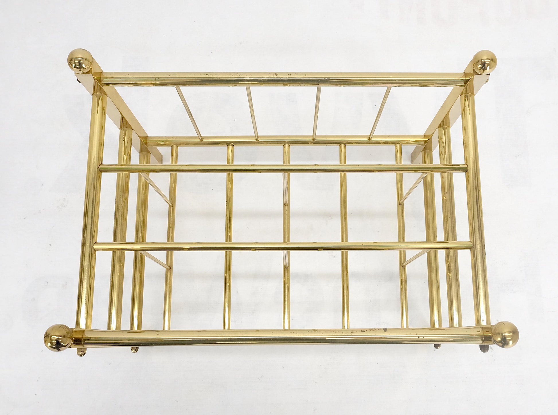 EstablishedLines Solid Brass Tube Vintage Mid Century Modern Caddy Magazine Rack Ball Finial MINT