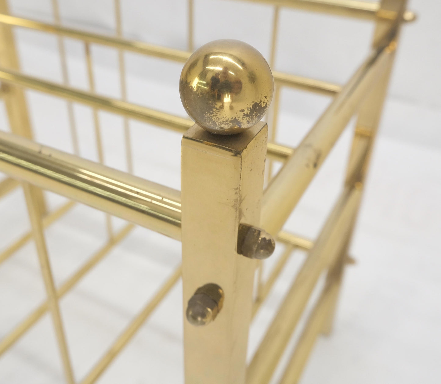 EstablishedLines Solid Brass Tube Vintage Mid Century Modern Caddy Magazine Rack Ball Finial MINT