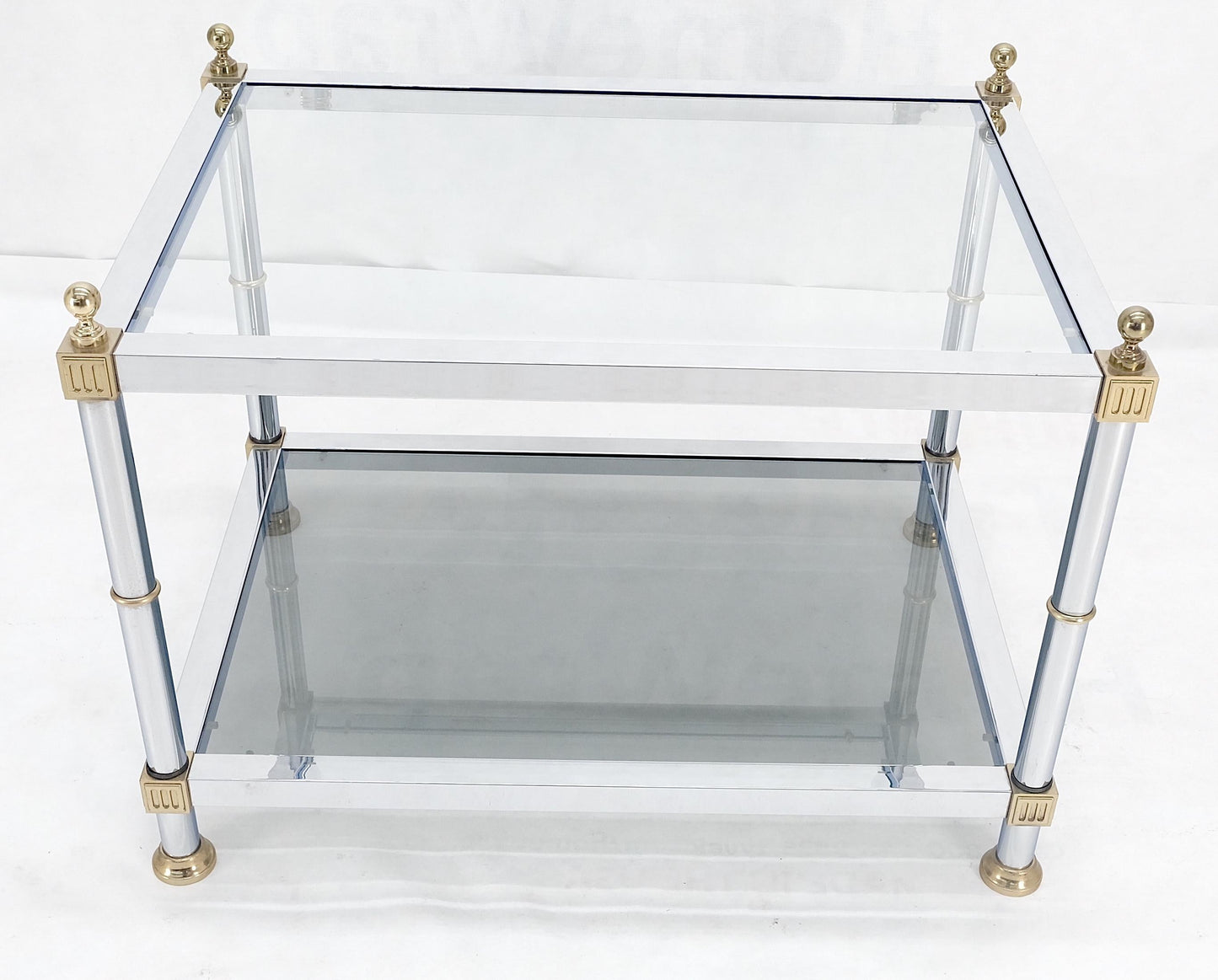 EstablishedLines Chrome Brass Smoked Glass Rectangle Side End Occasional Table Ball Finials MINT!