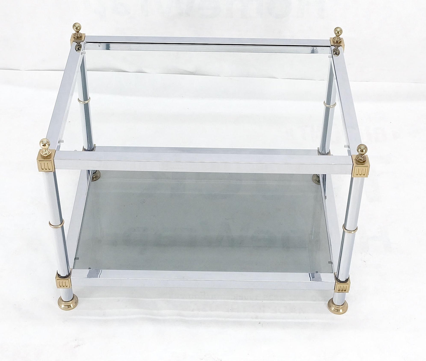 EstablishedLines Chrome Brass Smoked Glass Rectangle Side End Occasional Table Ball Finials MINT!