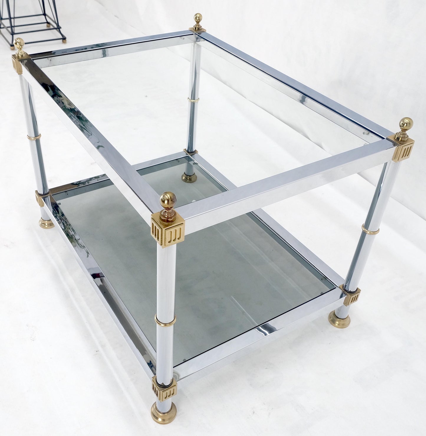 EstablishedLines Chrome Brass Smoked Glass Rectangle Side End Occasional Table Ball Finials MINT!